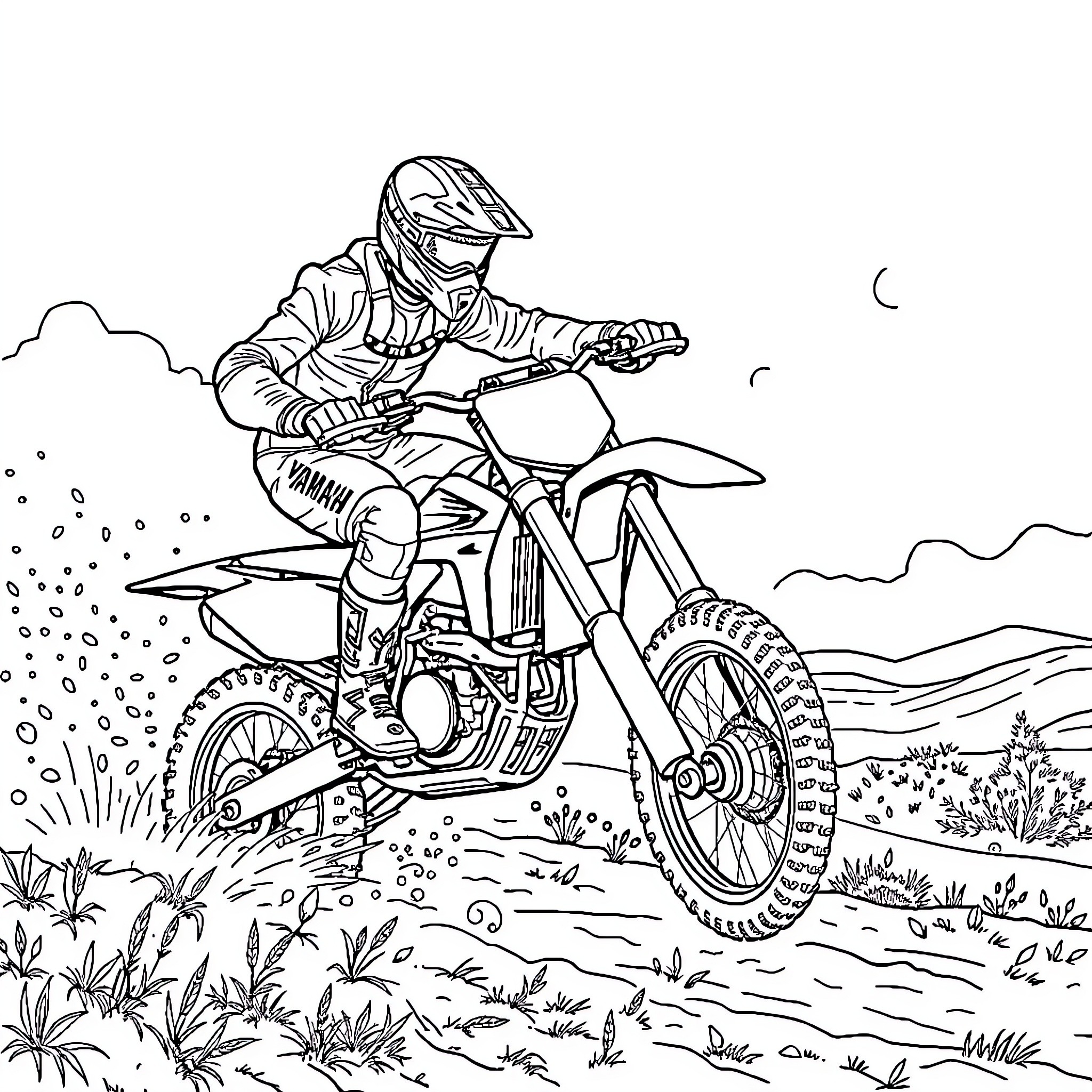 Moto Racer Navigates Rugged Terrain Coloring Page (free black-and-white line drawing printable PDF for all, from beginners to advanced learners, including children, teens, adults, and seniors)