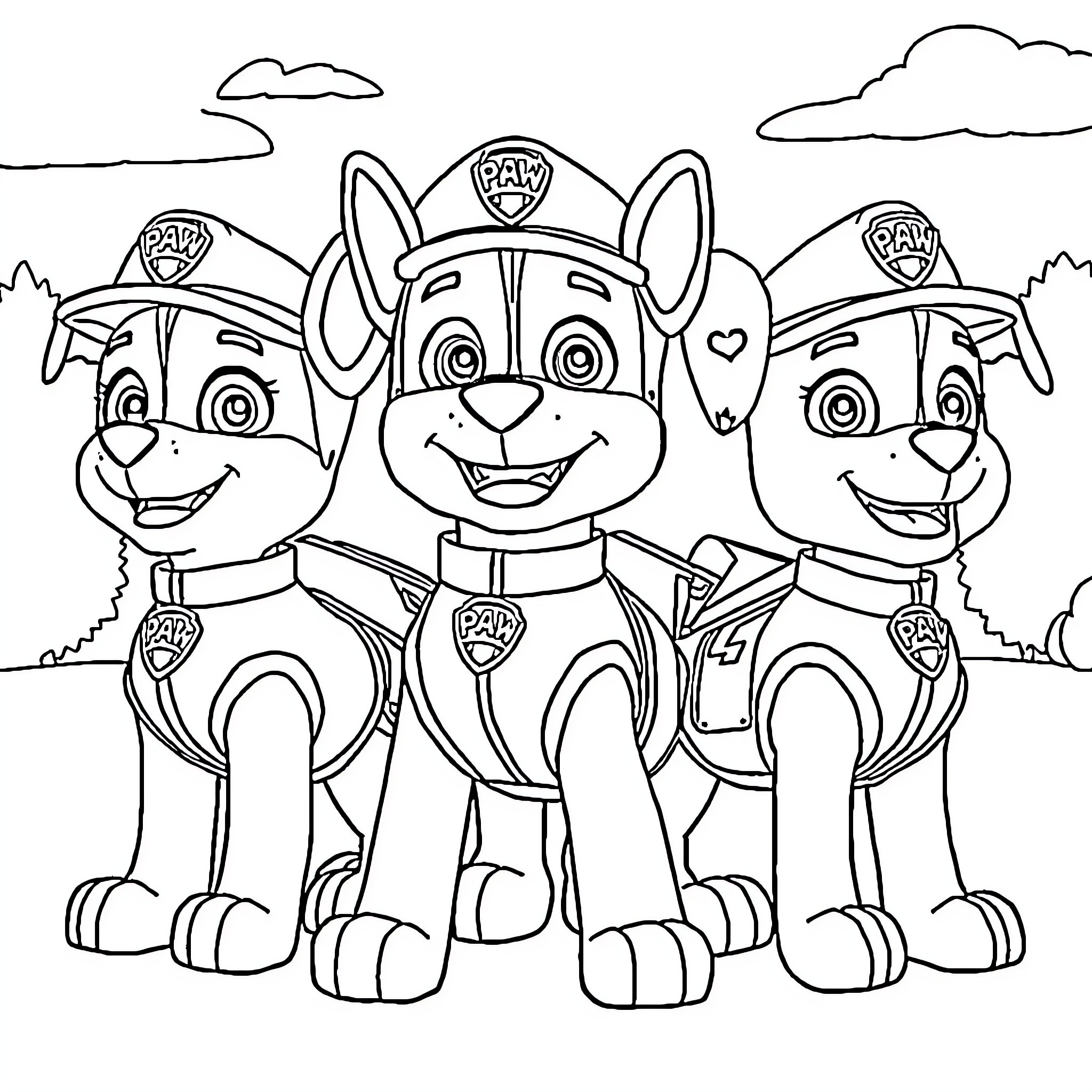 Paw Patrol Pups in Uniform Smiling Coloring Page (free black-and-white line drawing printable PDF for all, from beginners to advanced learners, including children, teens, adults, and seniors)