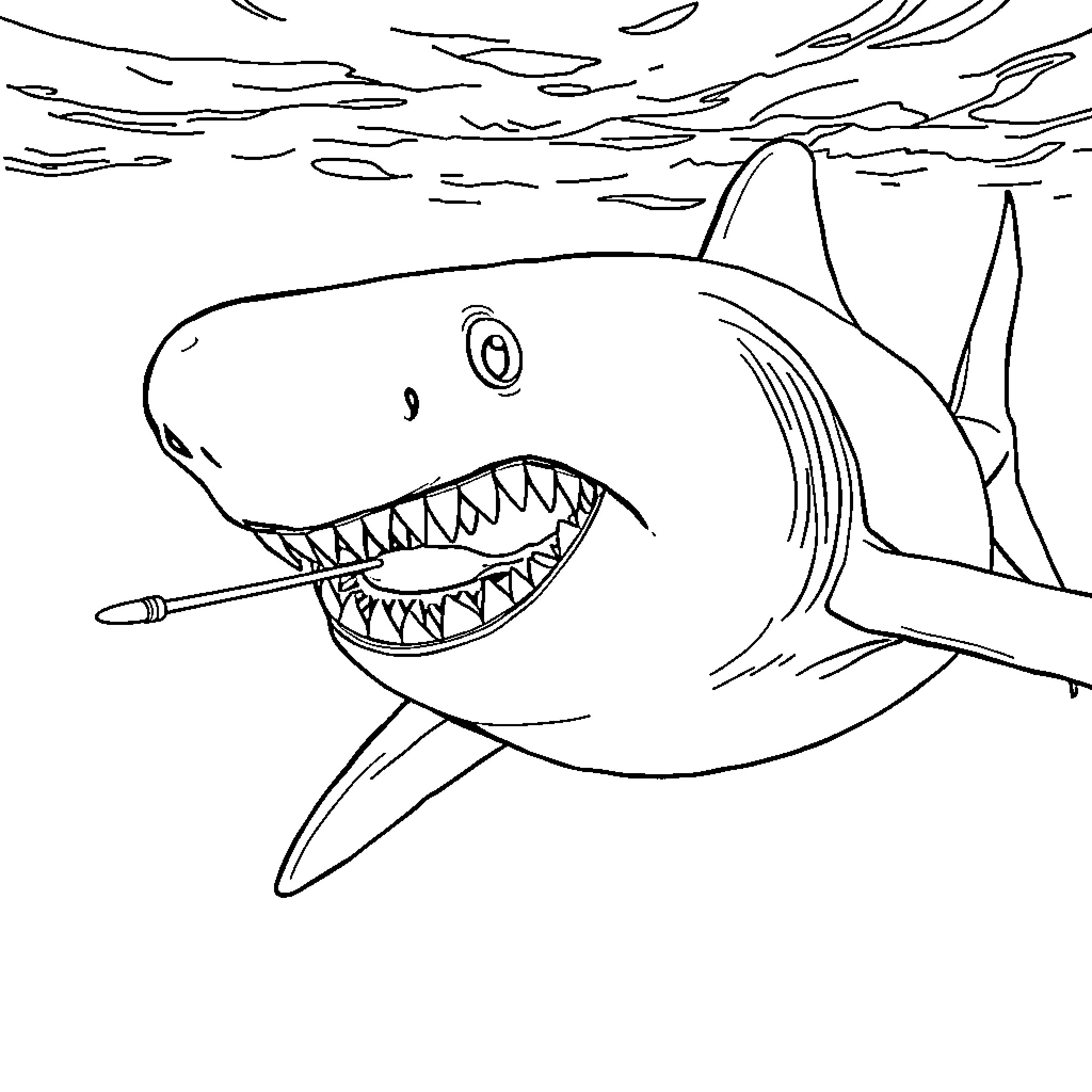 Shark with open mouth in the ocean Coloring Page (free black-and-white line drawing printable PDF for all, from beginners to advanced learners, including children, teens, adults, and seniors)