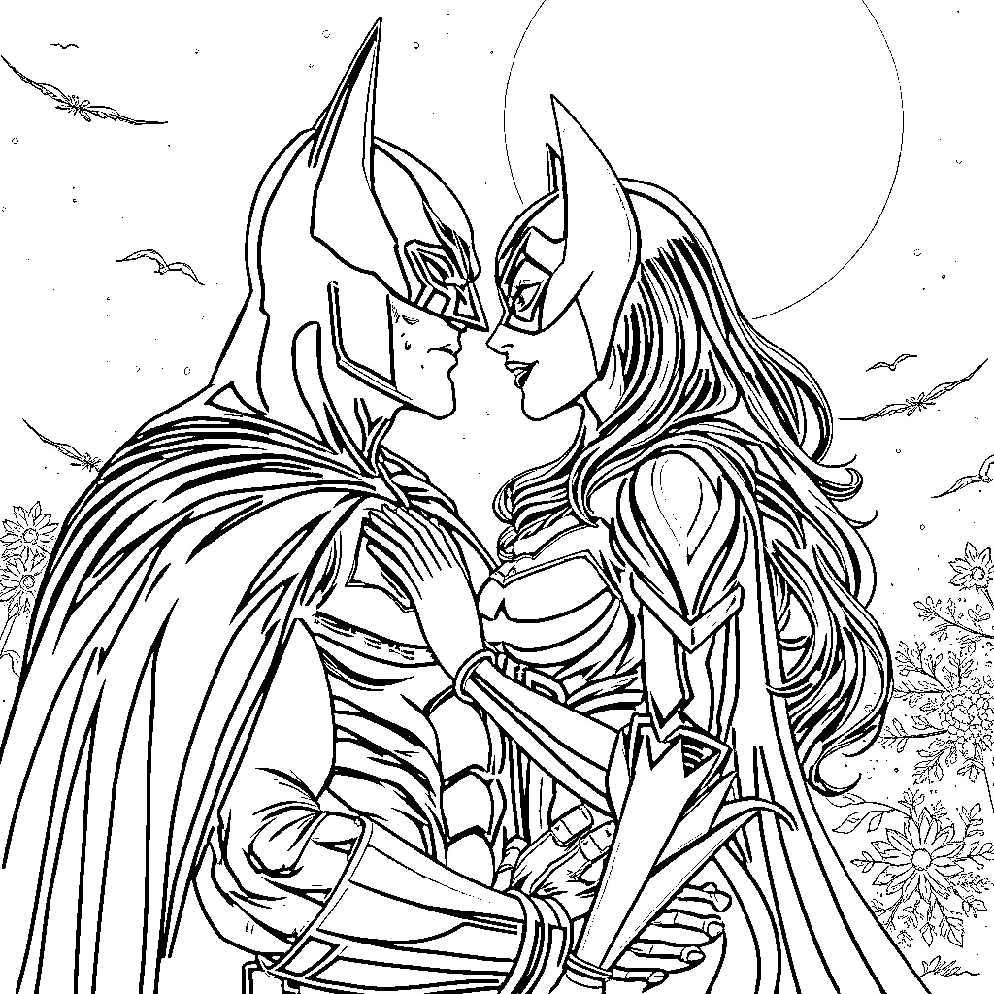 Batman and Catwoman in Passionate Embrace Coloring Page (free black-and-white line drawing printable PDF for all, from beginners to advanced learners, including children, teens, adults, and seniors)