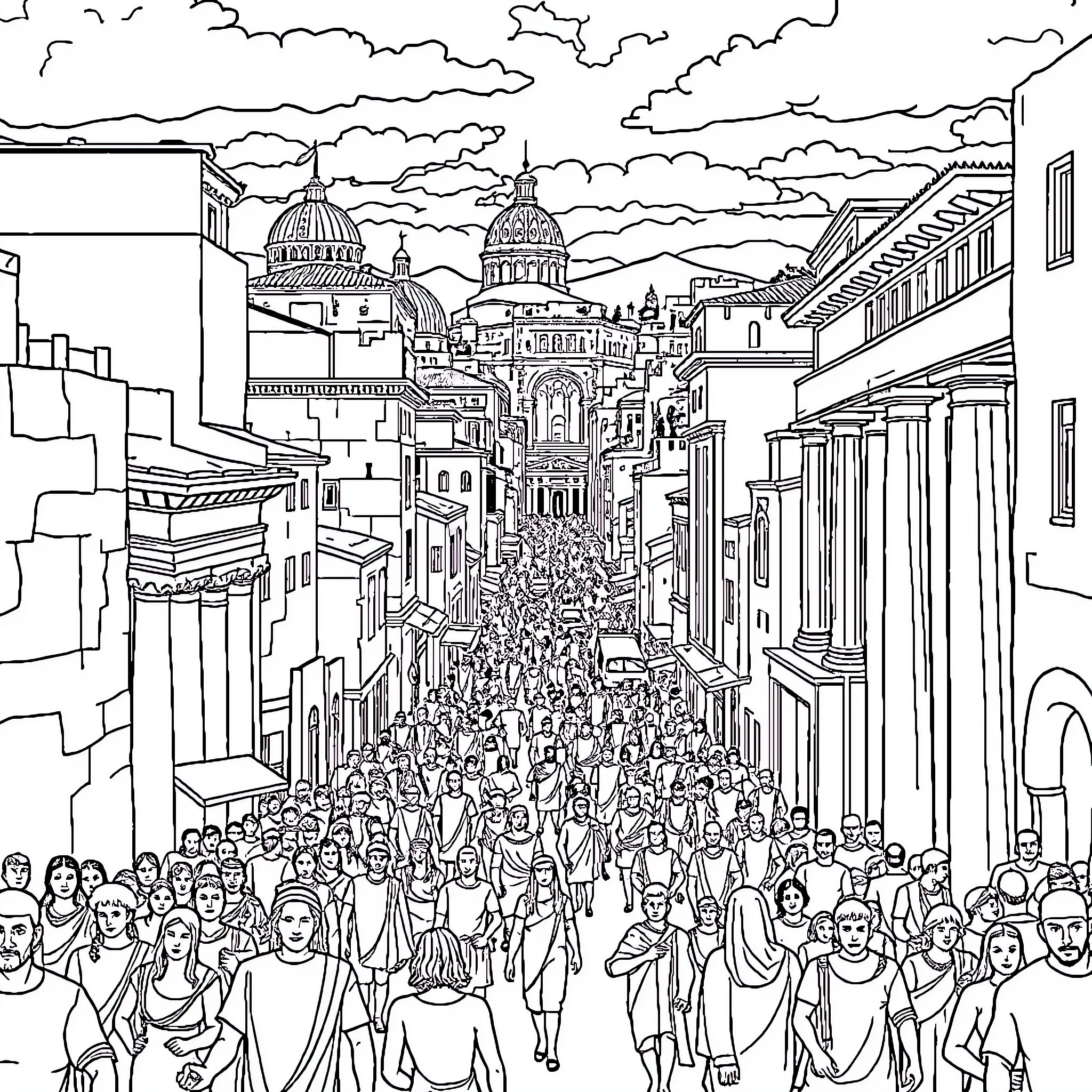 Roman City Bustling with Crowds and Ancient Structures Coloring Page (free black-and-white line drawing printable PDF for all, from beginners to advanced learners, including children, teens, adults, and seniors)