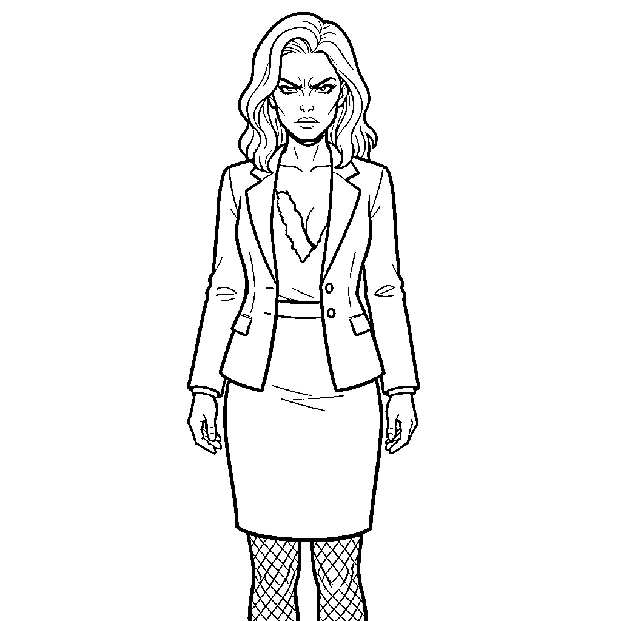 Business Woman in professional suit with intense expression Coloring Page (free black-and-white line drawing printable PDF for all, from beginners to advanced learners, including children, teens, adults, and seniors)