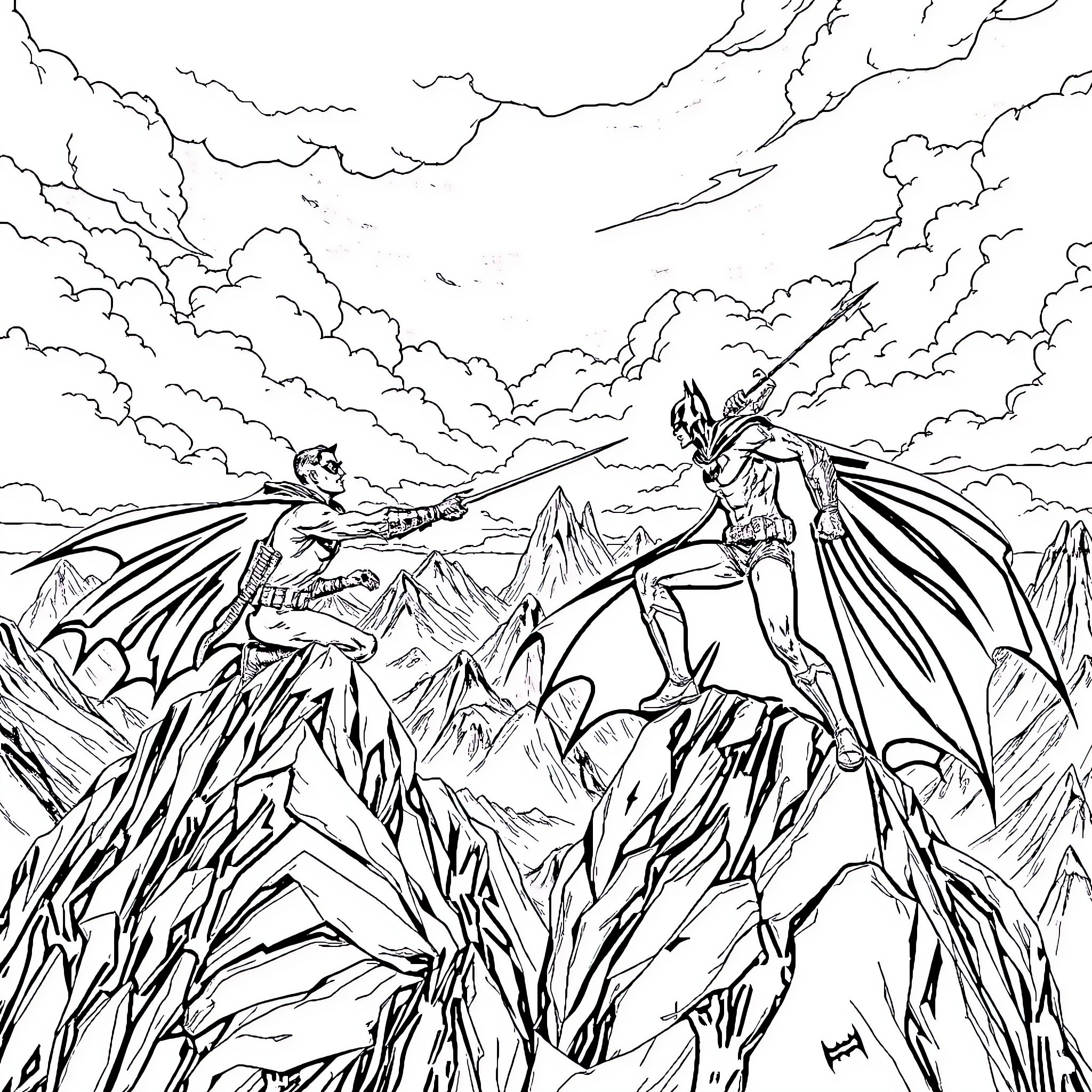 Batman in heroic battle against villainous foe in mountainous landscape Coloring Page (free black-and-white line drawing printable PDF for all, from beginners to advanced learners, including children, teens, adults, and seniors)
