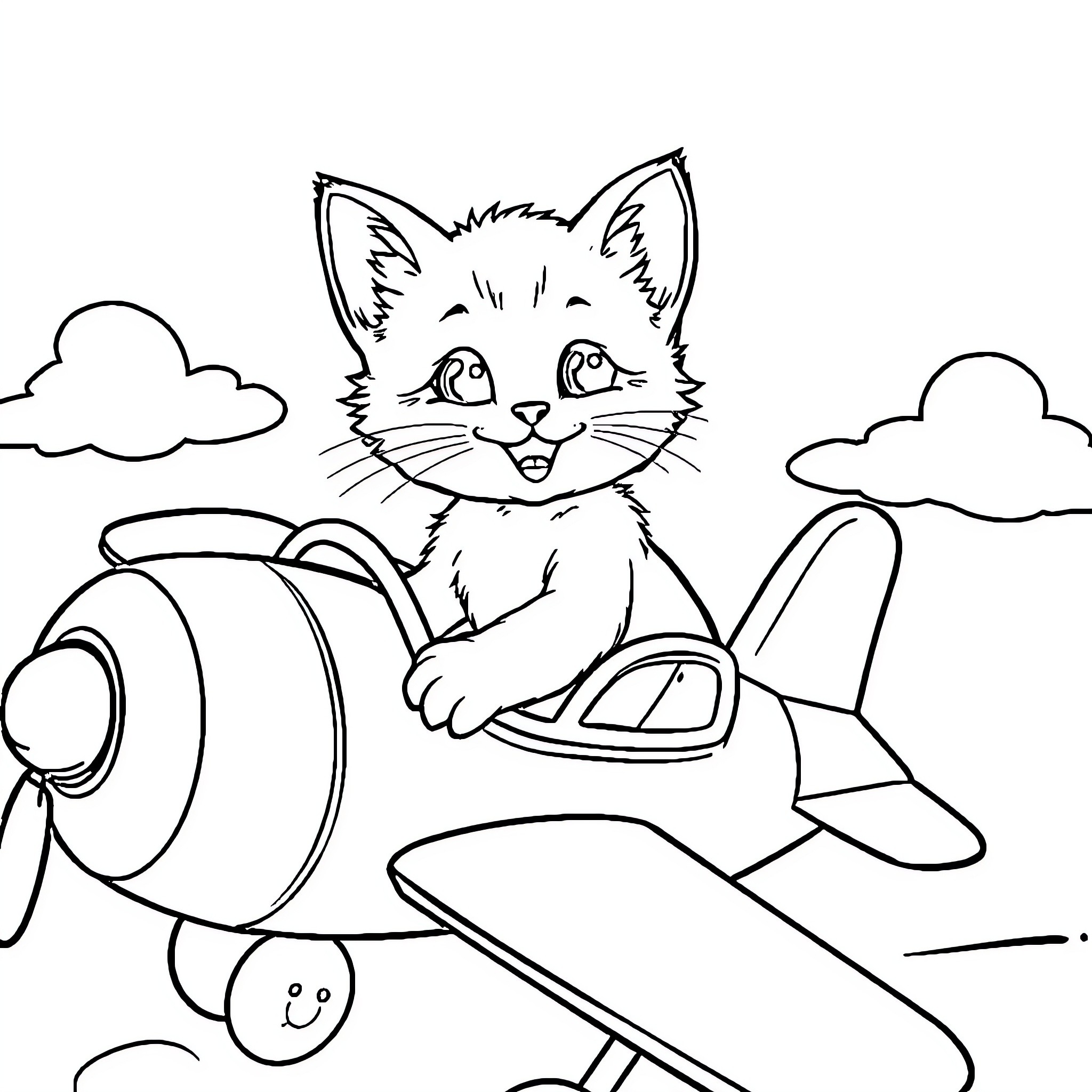 Kitten joyfully flying in a small airplane Coloring Page (free black-and-white line drawing printable PDF for all, from beginners to advanced learners, including children, teens, adults, and seniors)