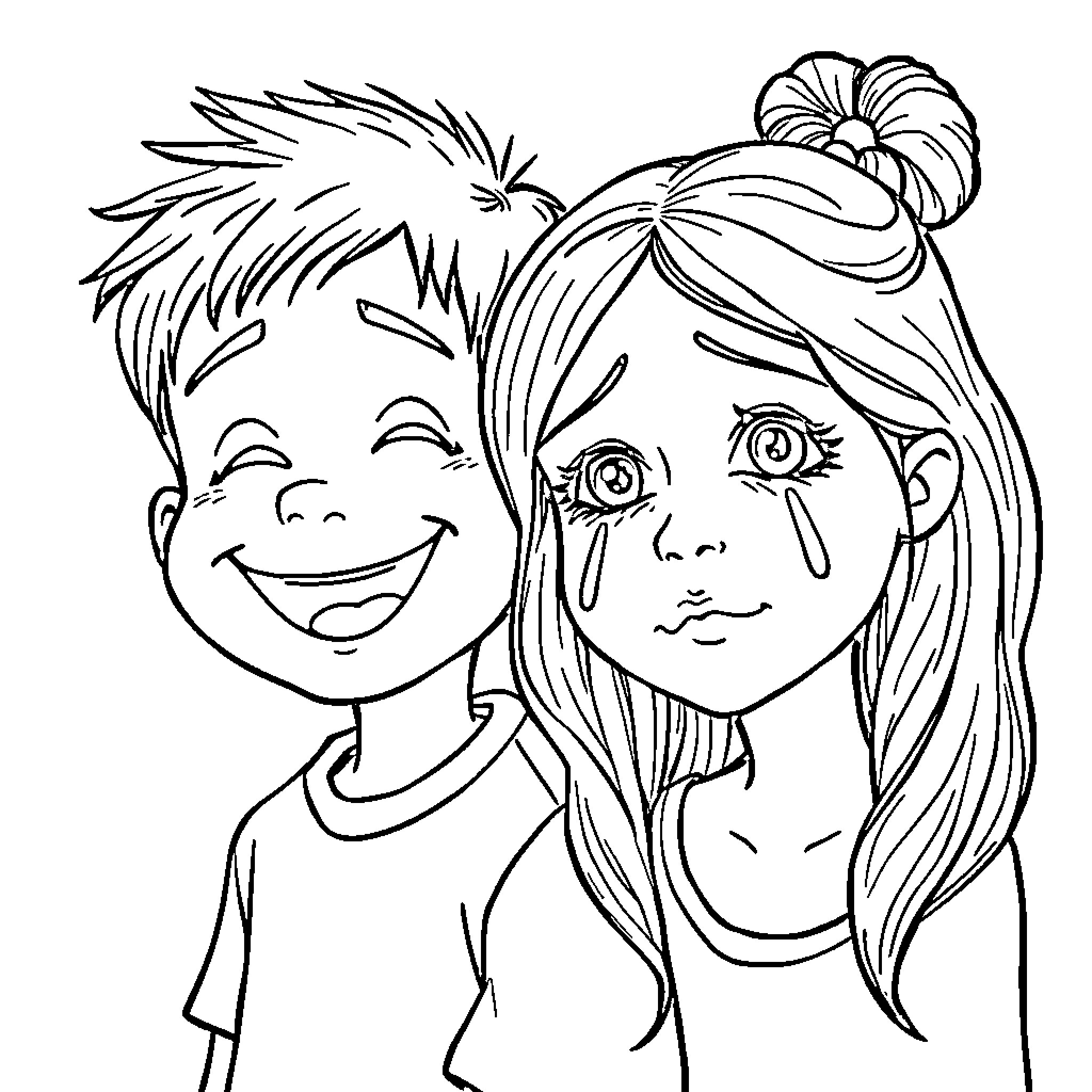 Boy and girl expressing different emotions Coloring Page (free black-and-white line drawing printable PDF for all, from beginners to advanced learners, including children, teens, adults, and seniors)