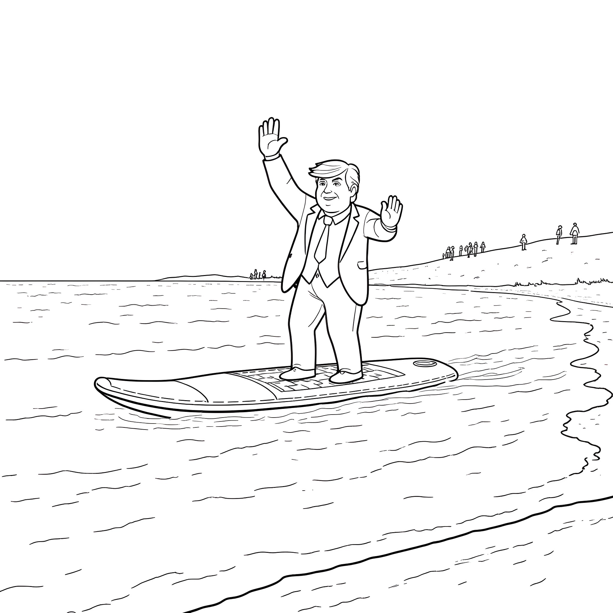 Donald Trump surfing on a beach Coloring Page (free black-and-white line drawing printable PDF for all, from beginners to advanced learners, including children, teens, adults, and seniors)