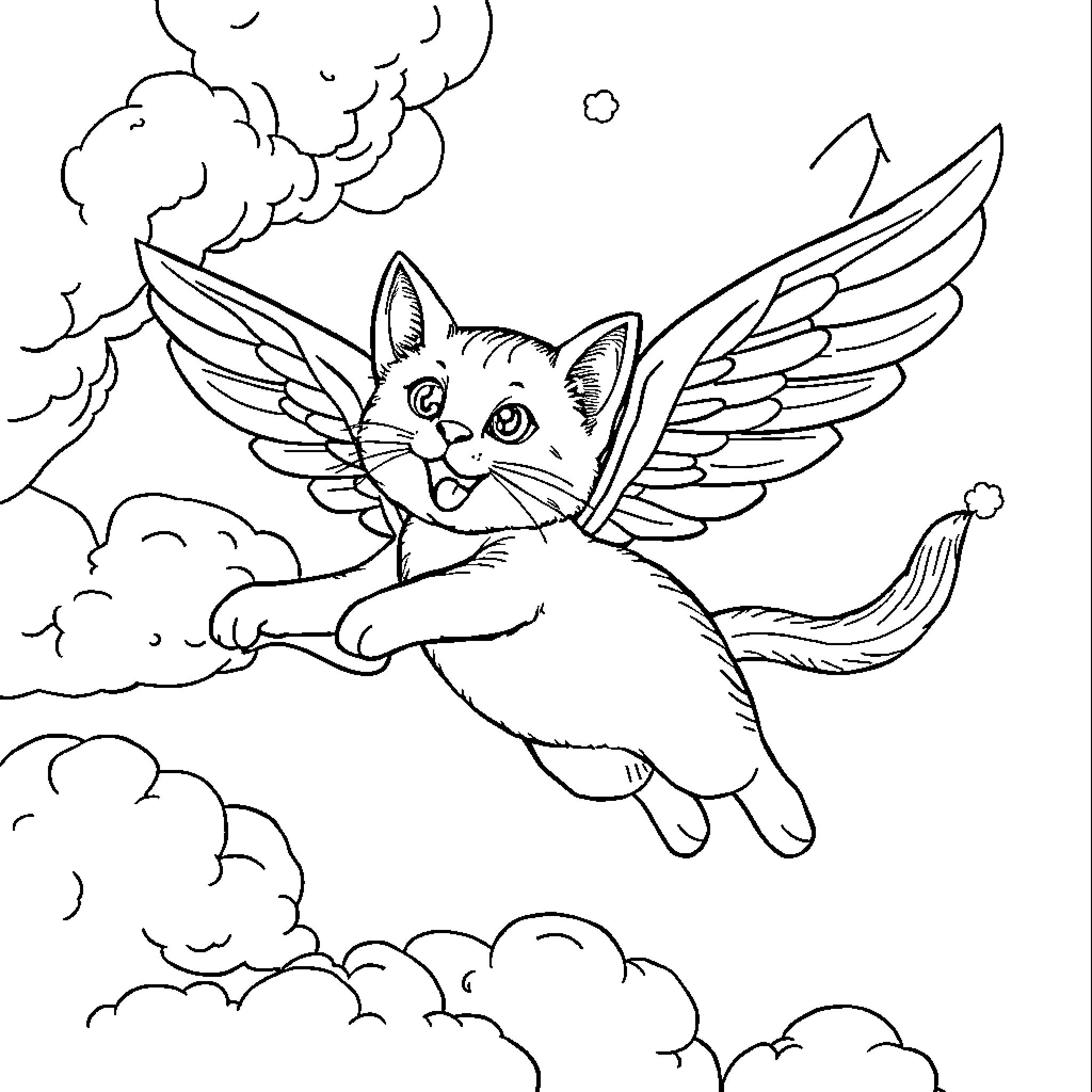 Flying Cat Soaring Through Cloudy Skies Coloring Page (free black-and-white line drawing printable PDF for all, from beginners to advanced learners, including children, teens, adults, and seniors)