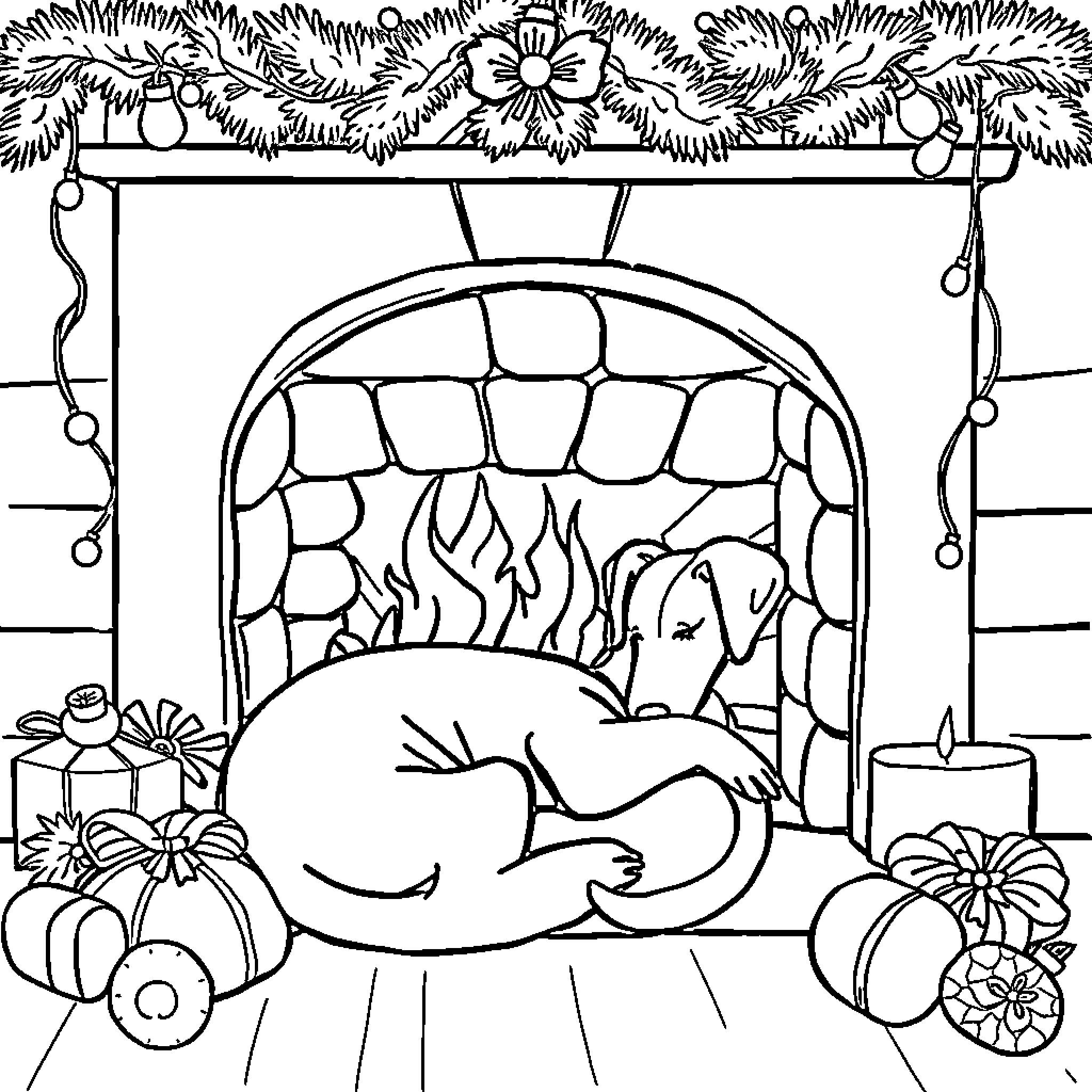 Whippet sleeping peacefully by the fireplace Coloring Page (free black-and-white line drawing printable PDF for all, from beginners to advanced learners, including children, teens, adults, and seniors)
