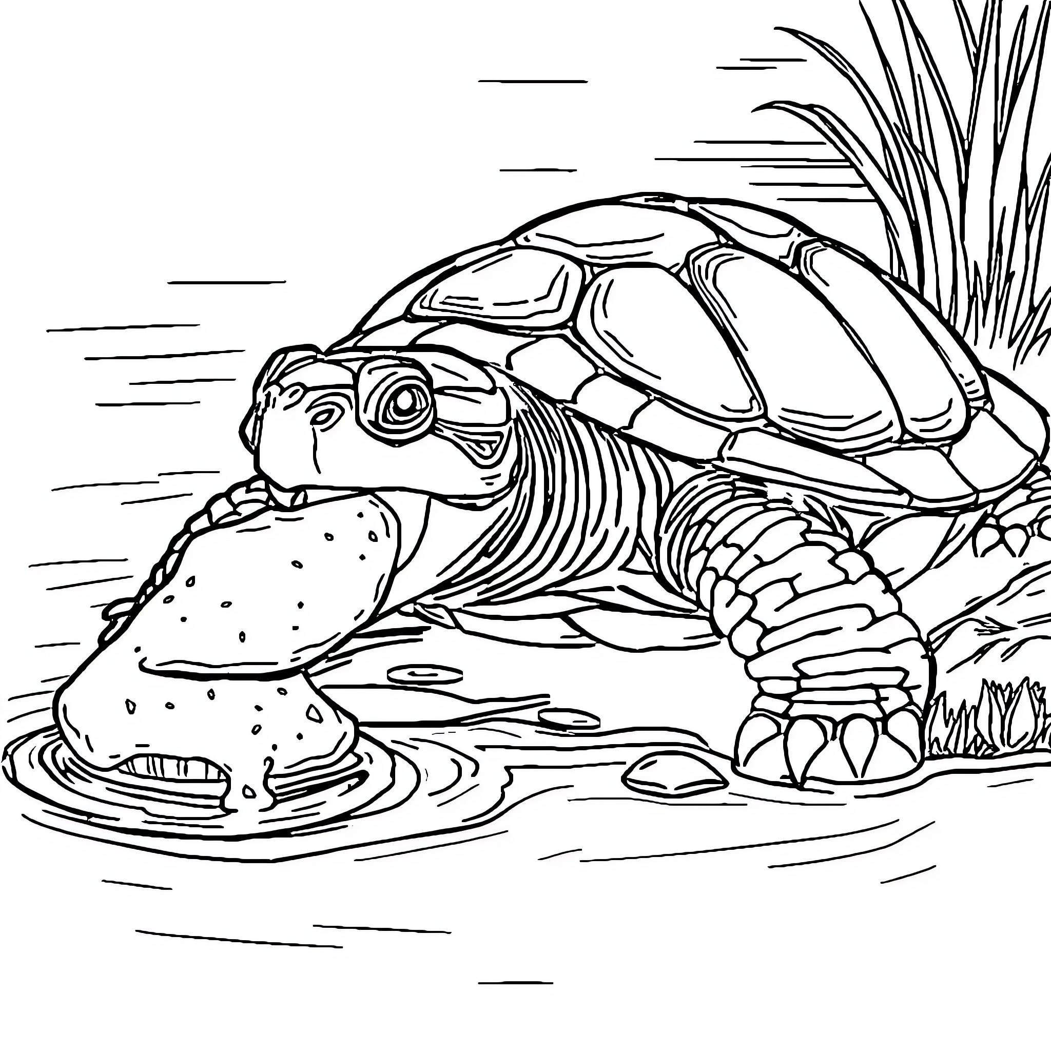 Snapping Turtle Exploring Pond Habitat Coloring Page (free black-and-white line drawing printable PDF for all, from beginners to advanced learners, including children, teens, adults, and seniors)