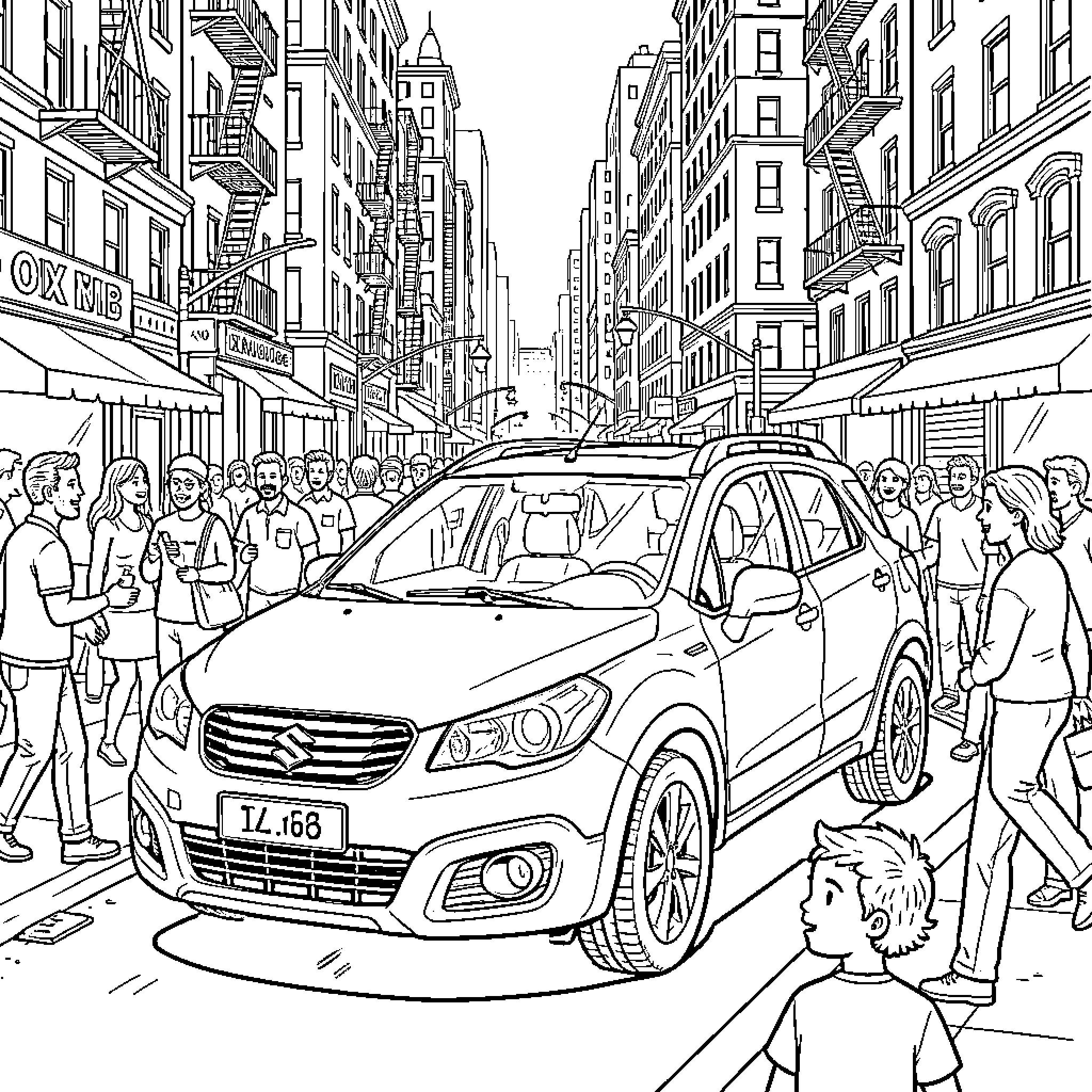 Suzuki SX4 S-Cross in busy city street scene Coloring Page (free black-and-white line drawing printable PDF for all, from beginners to advanced learners, including children, teens, adults, and seniors)