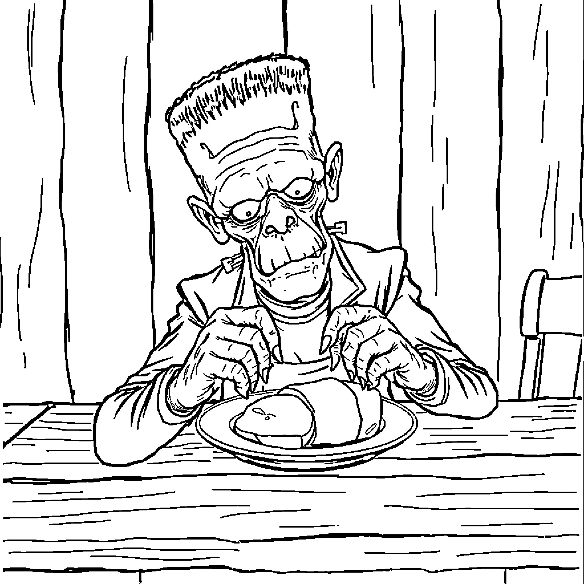 Frankenstein Monster Devouring Food Hungrily Coloring Page (free black-and-white line drawing printable PDF for all, from beginners to advanced learners, including children, teens, adults, and seniors)