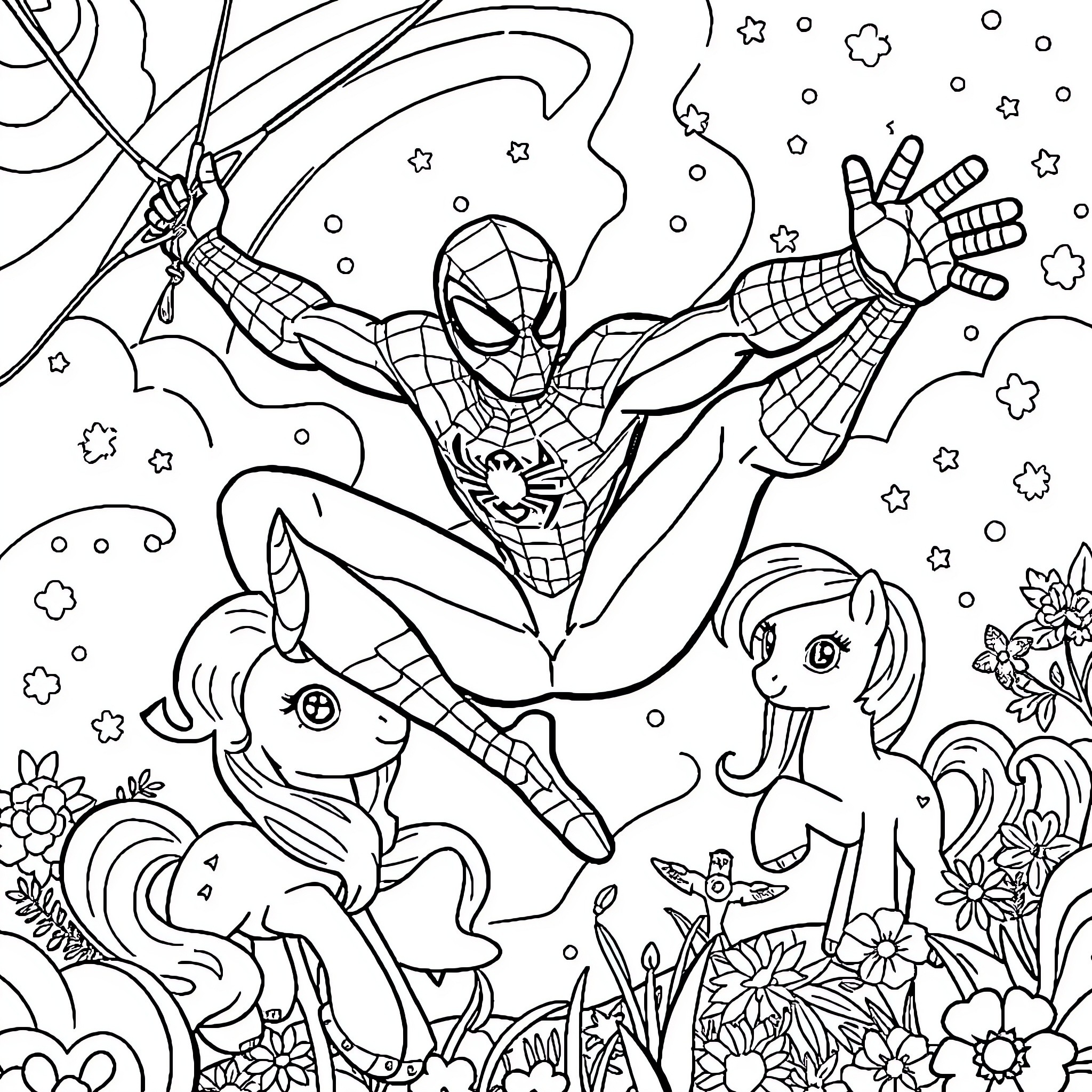 Spiderman swinging through a whimsical fantasy landscape Coloring Page (free black-and-white line drawing printable PDF for all, from beginners to advanced learners, including children, teens, adults, and seniors)