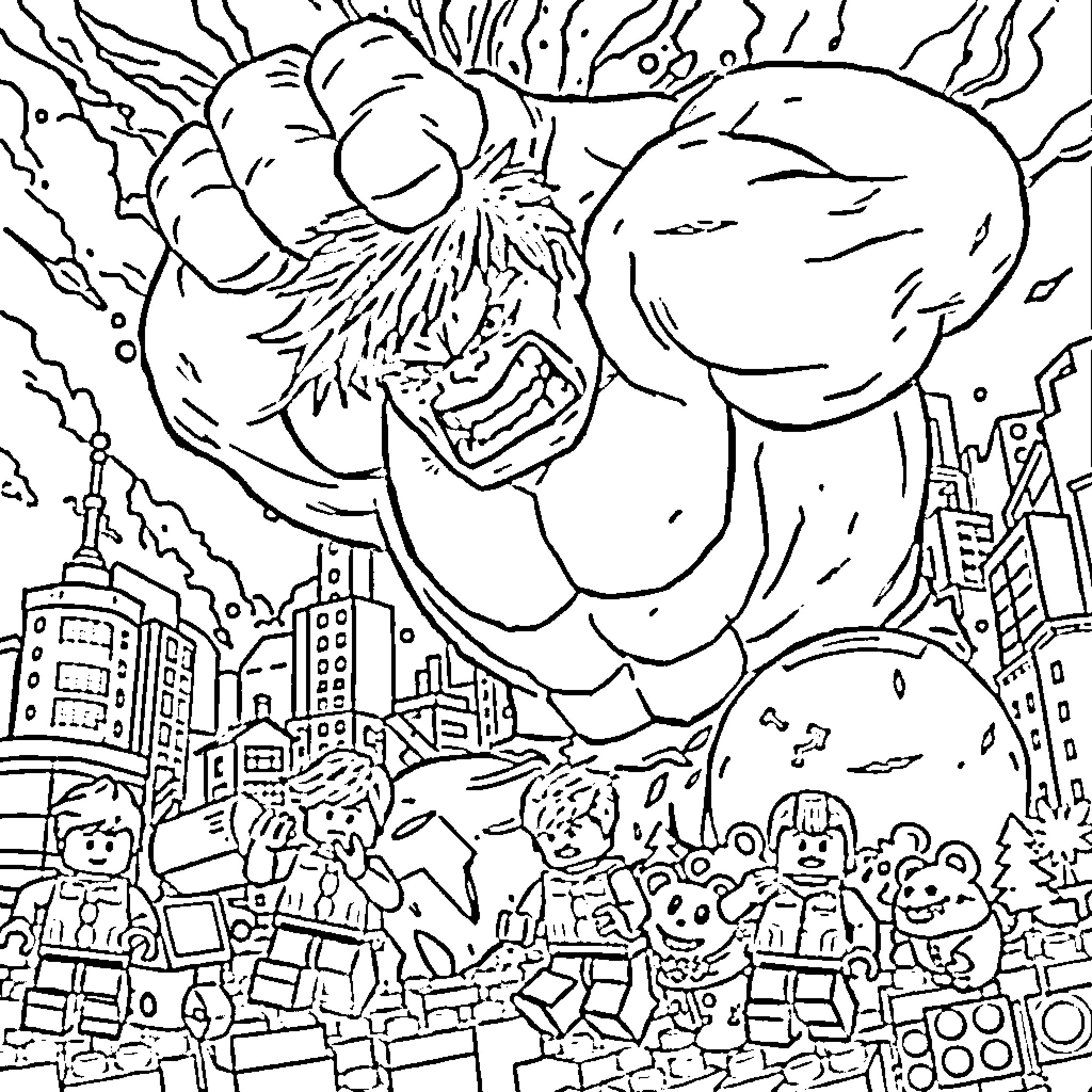 Hulk destroying buildings and fighting citizens in the city Coloring Page (free black-and-white line drawing printable PDF for all, from beginners to advanced learners, including children, teens, adults, and seniors)