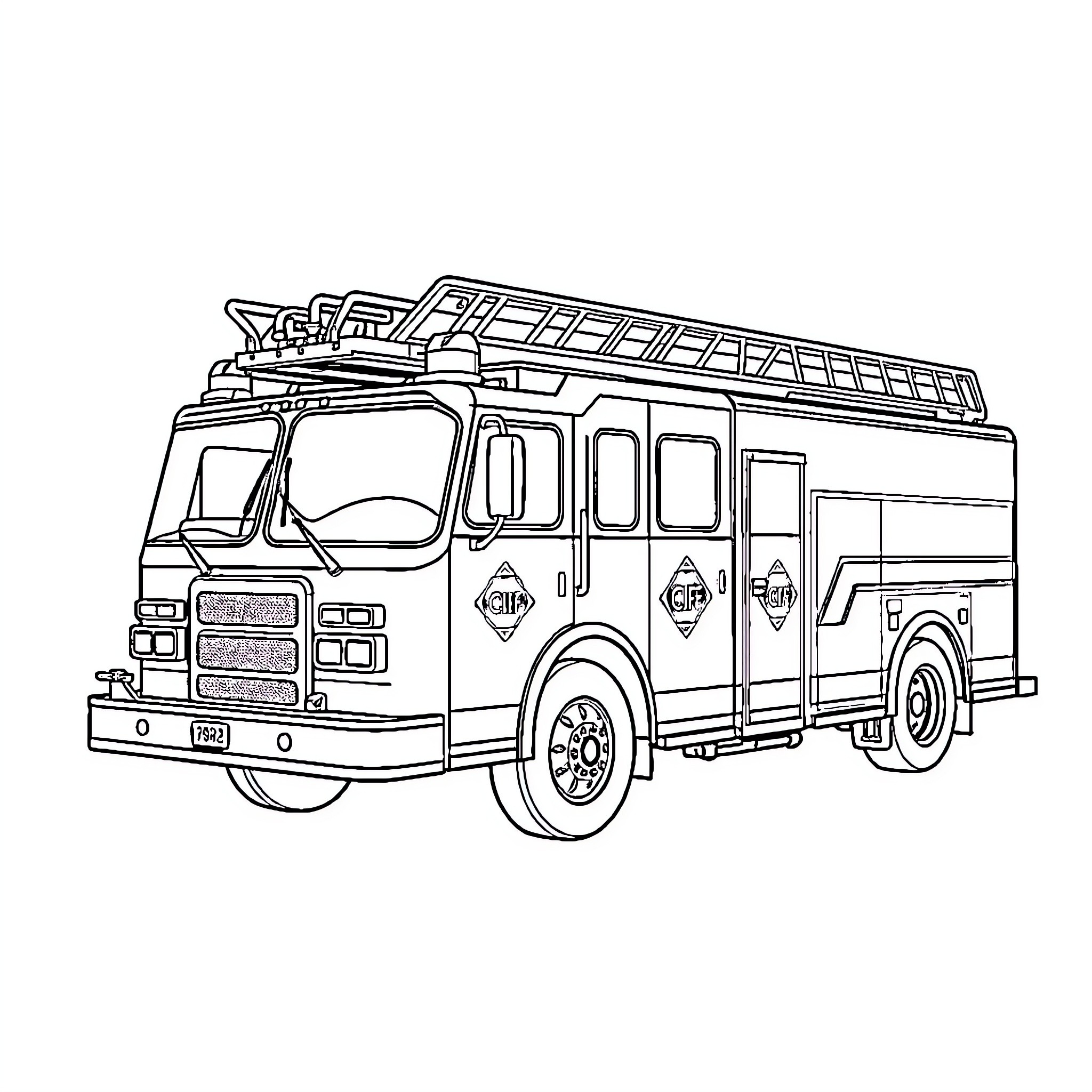 Firefighter truck with emergency equipment Coloring Page (free black-and-white line drawing printable PDF for all, from beginners to advanced learners, including children, teens, adults, and seniors)