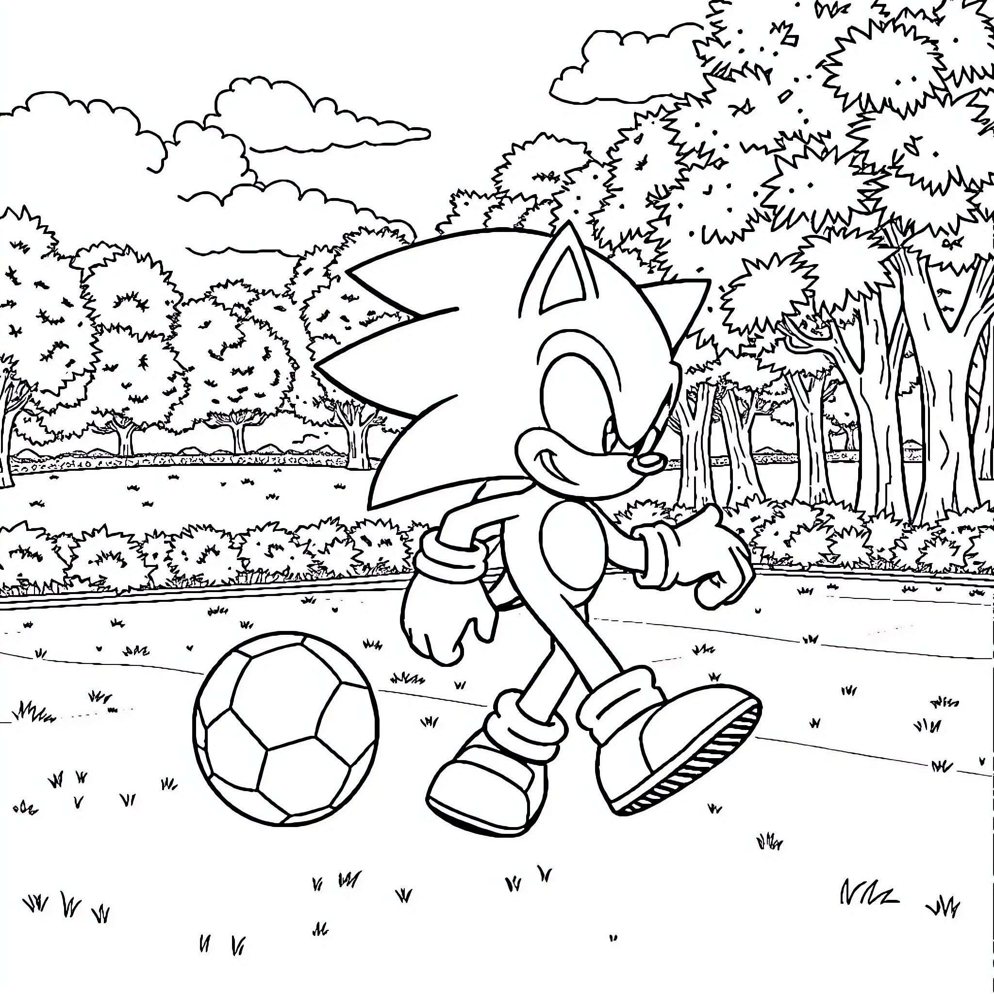 Sonic playing soccer in the park Coloring Page (free black-and-white line drawing printable PDF for all, from beginners to advanced learners, including children, teens, adults, and seniors)