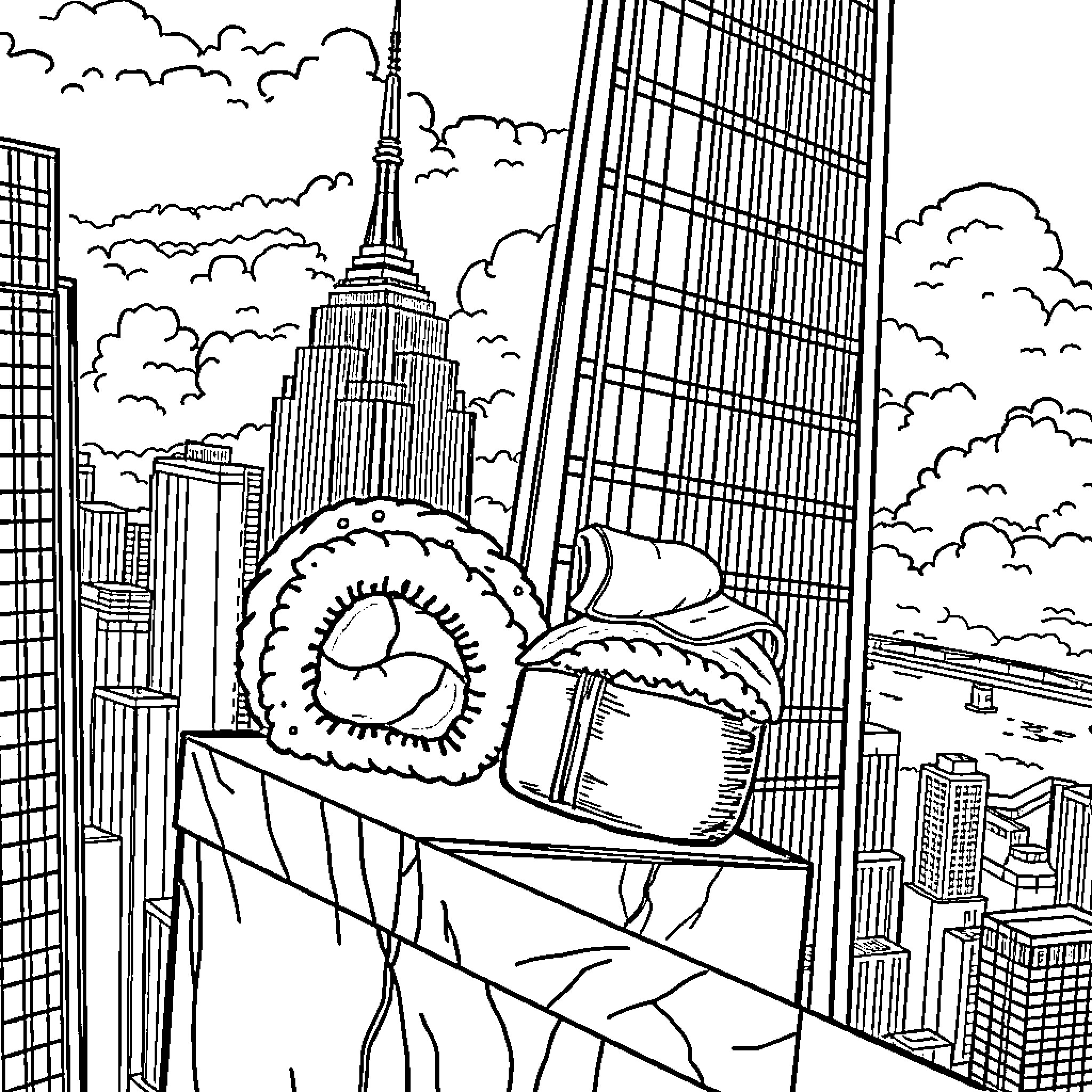 Sushi Feast Overlooking Cityscape Coloring Page (free black-and-white line drawing printable PDF for all, from beginners to advanced learners, including children, teens, adults, and seniors)