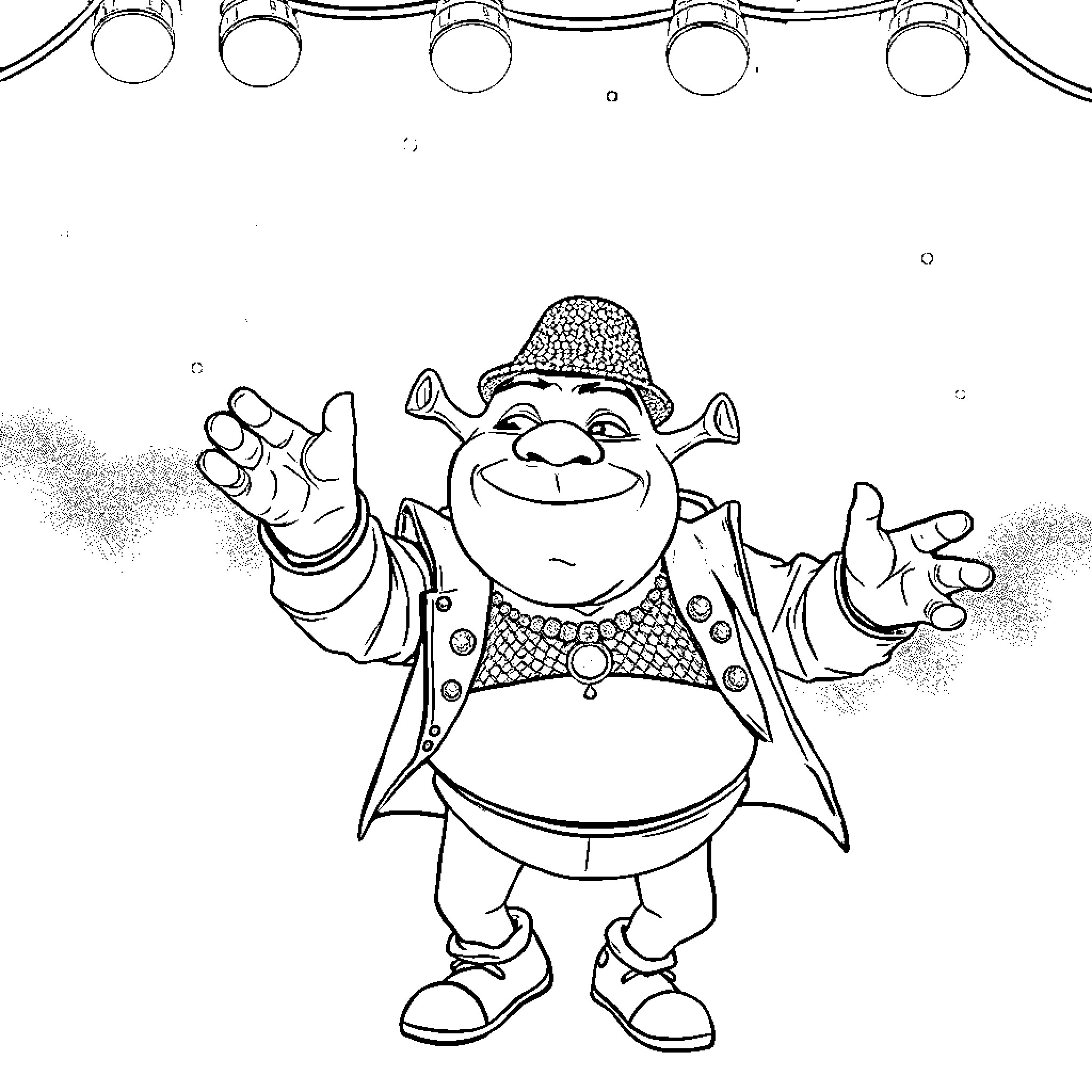 Shrek in a happy and festive mood Coloring Page (free black-and-white line drawing printable PDF for all, from beginners to advanced learners, including children, teens, adults, and seniors)