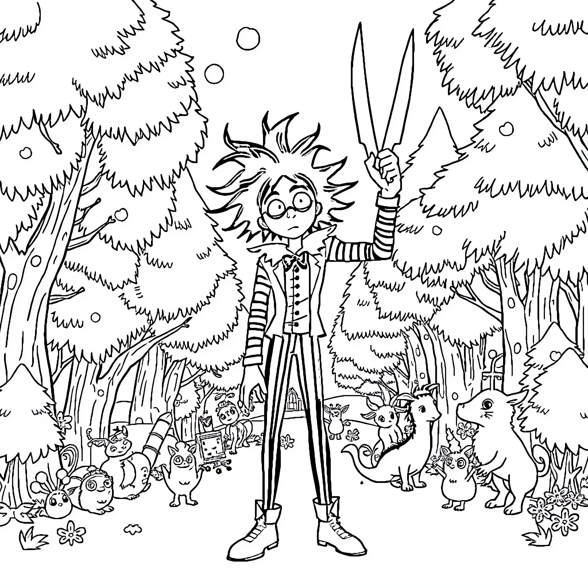 Edward's Whimsical Woodland Adventure Coloring Page (free black-and-white line drawing printable PDF for all, from beginners to advanced learners, including children, teens, adults, and seniors)