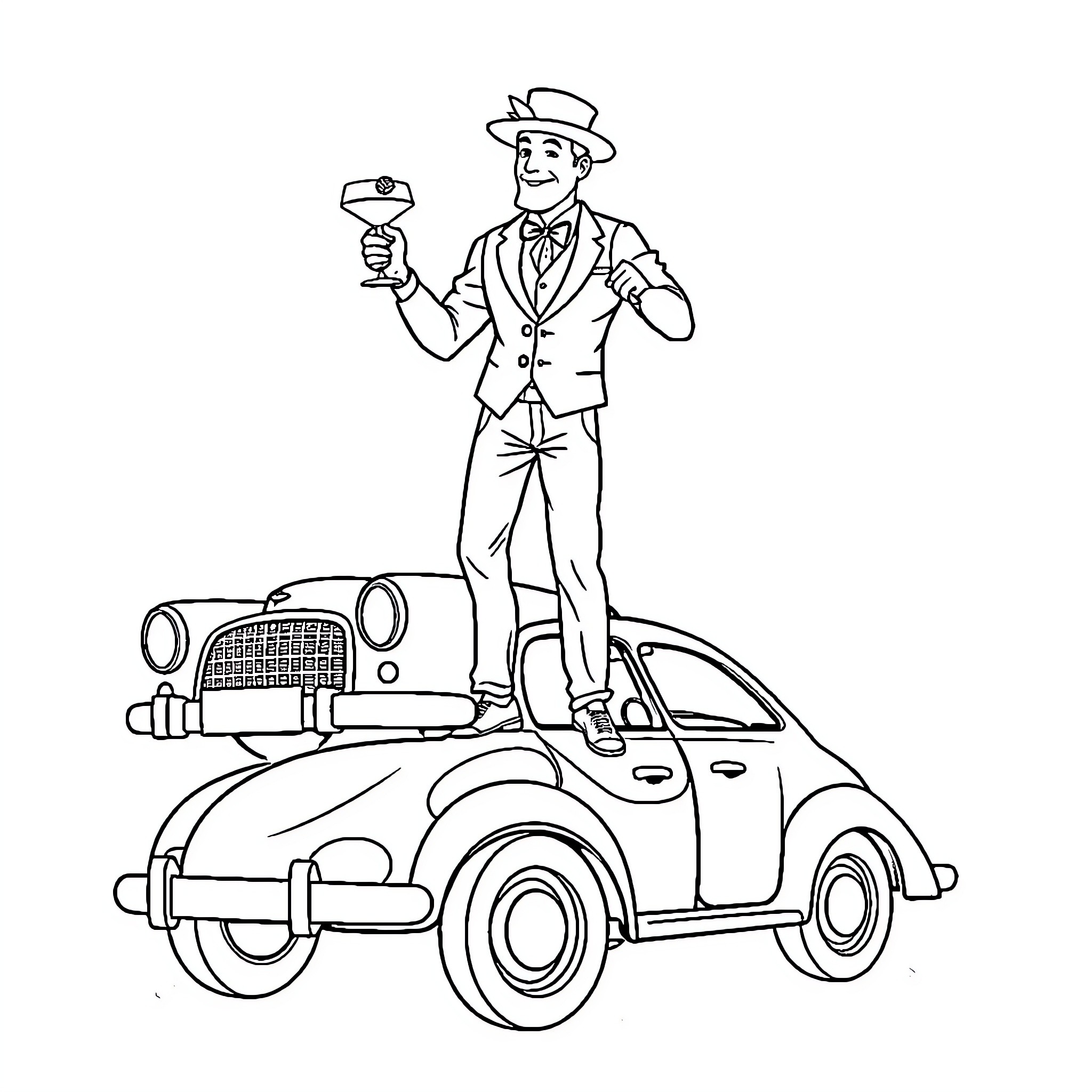 Barman serving drinks from vintage car Coloring Page (free black-and-white line drawing printable PDF for all, from beginners to advanced learners, including children, teens, adults, and seniors)