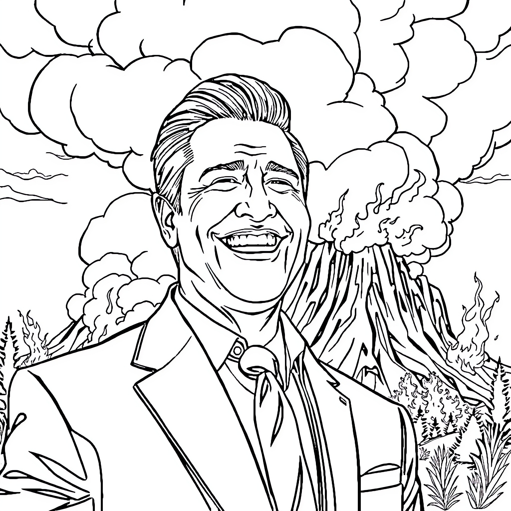 Politician Laughing Amidst Dramatic Clouds and Smoke Coloring Page (free black-and-white line drawing printable PDF for all, from beginners to advanced learners, including children, teens, adults, and seniors)
