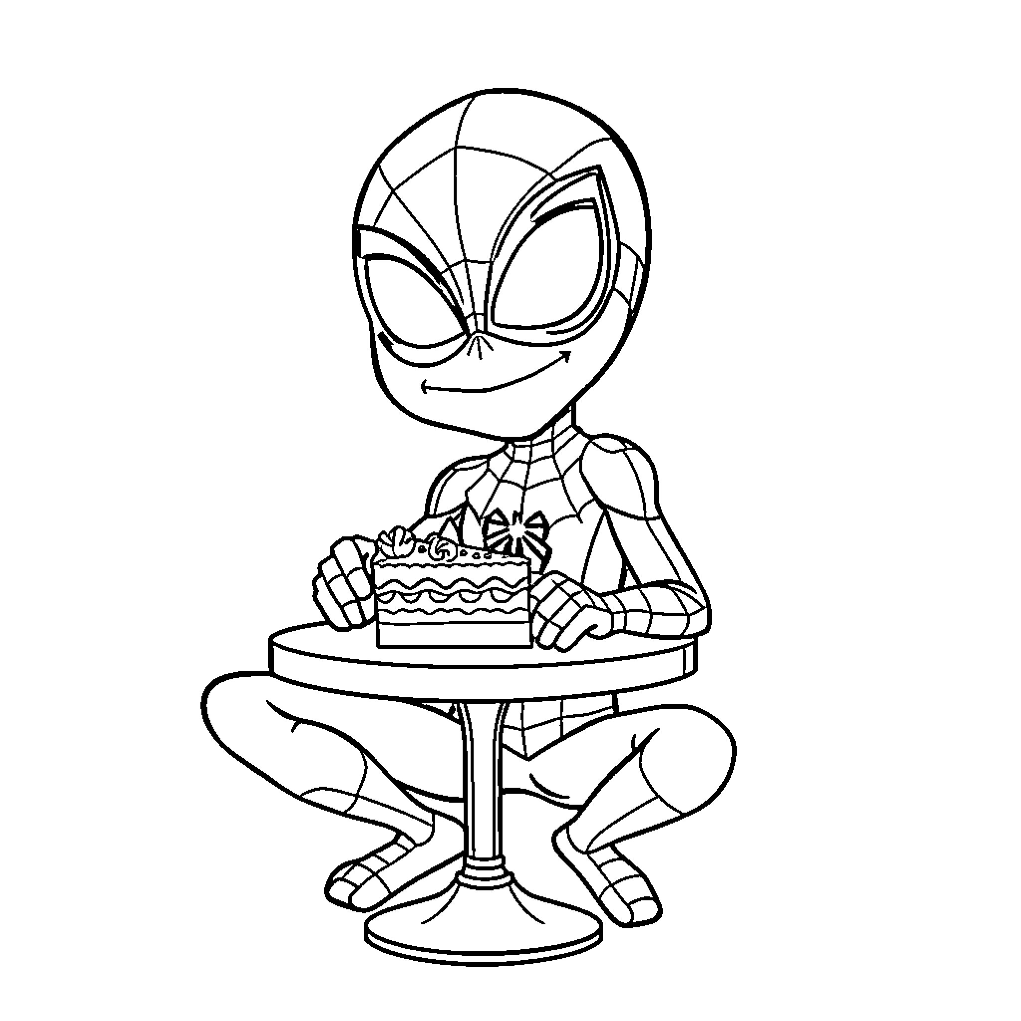 Spidey enjoys a sweet birthday treat Coloring Page (free black-and-white line drawing printable PDF for all, from beginners to advanced learners, including children, teens, adults, and seniors)