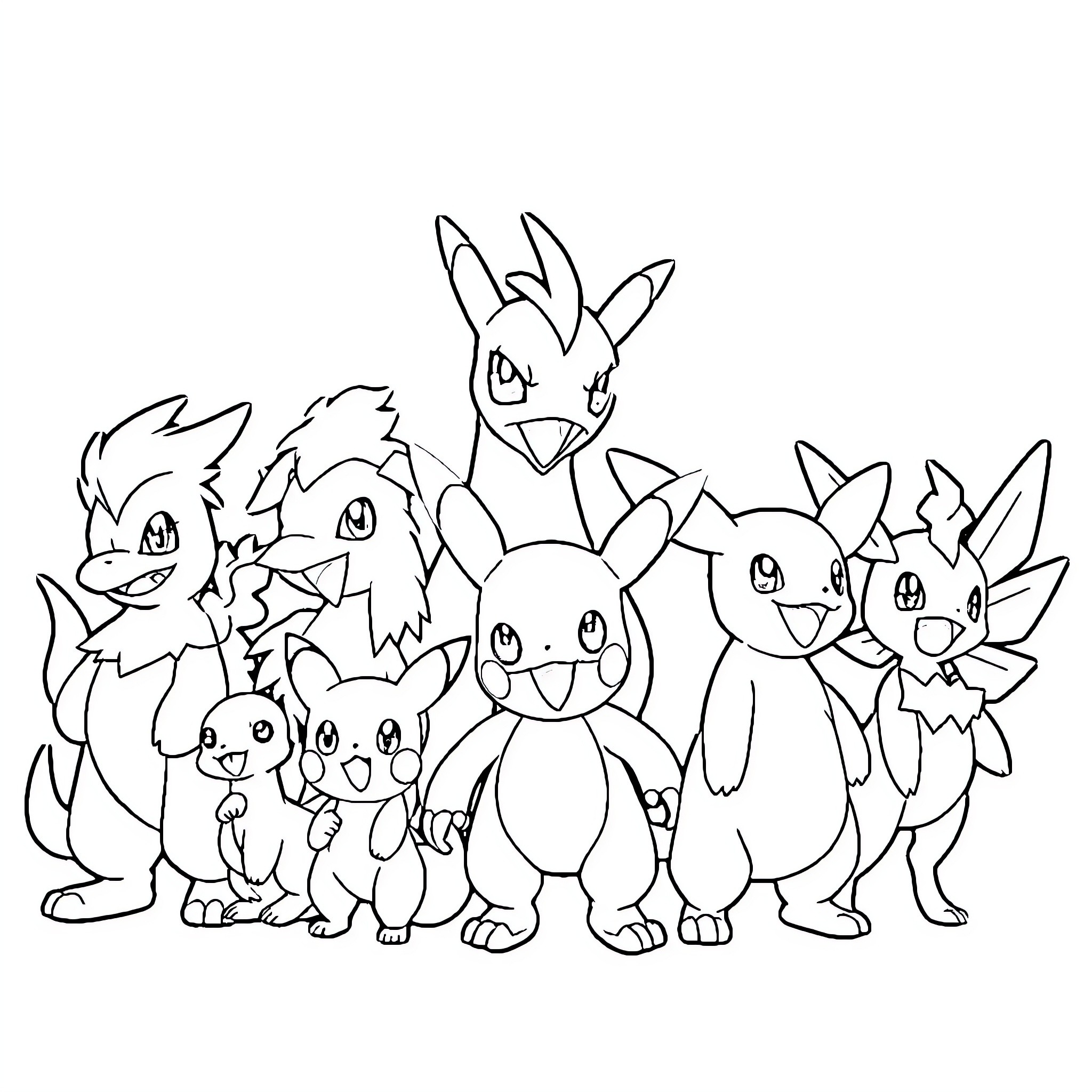 Pokémon characters gathered together Coloring Page (free black-and-white line drawing printable PDF for all, from beginners to advanced learners, including children, teens, adults, and seniors)
