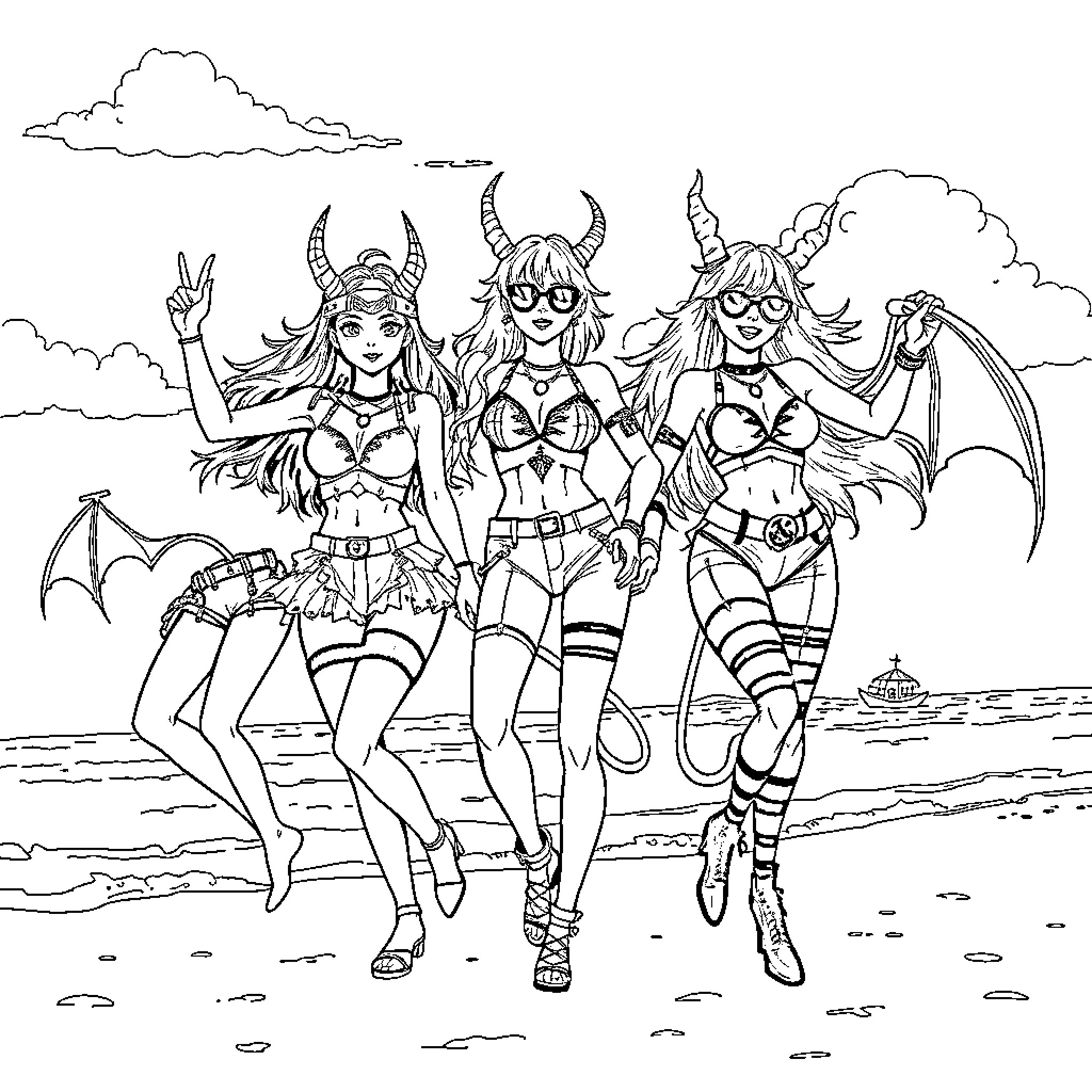 Demon Hunter Girls in Heroic Poses Coloring Page (free black-and-white line drawing printable PDF for all, from beginners to advanced learners, including children, teens, adults, and seniors)