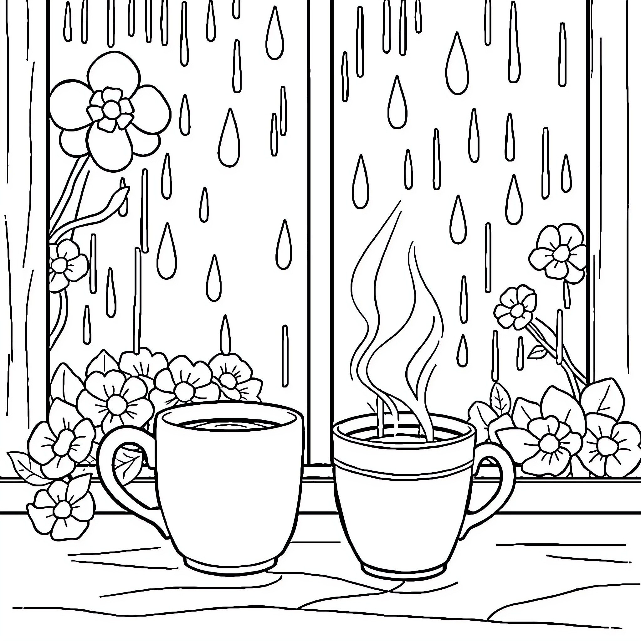 Coffee Cups in Rainy Day Garden Coloring Page (free black-and-white line drawing printable PDF for all, from beginners to advanced learners, including children, teens, adults, and seniors)