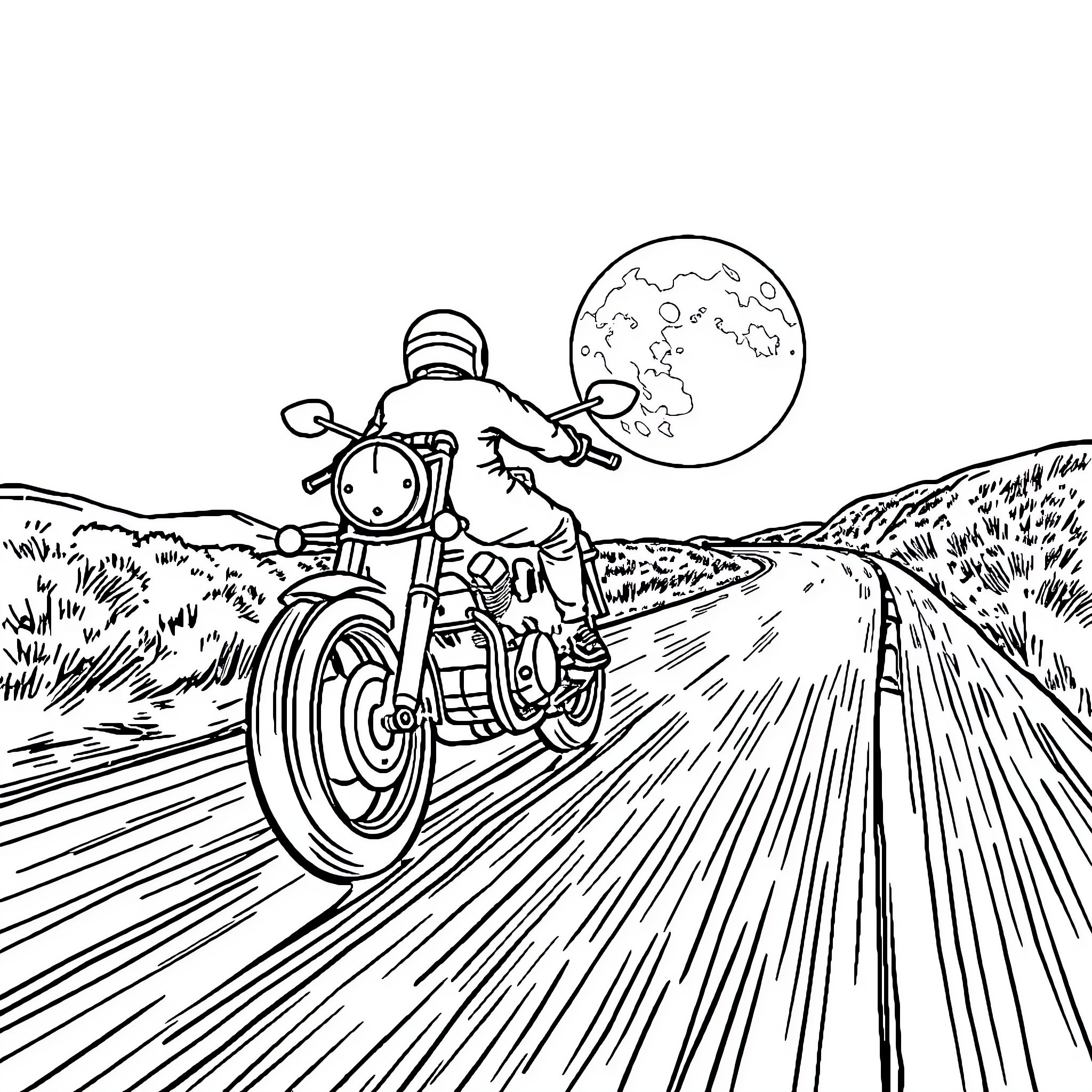 Moto Rider on Night Road with Moon Coloring Page (free black-and-white line drawing printable PDF for all, from beginners to advanced learners, including children, teens, adults, and seniors)