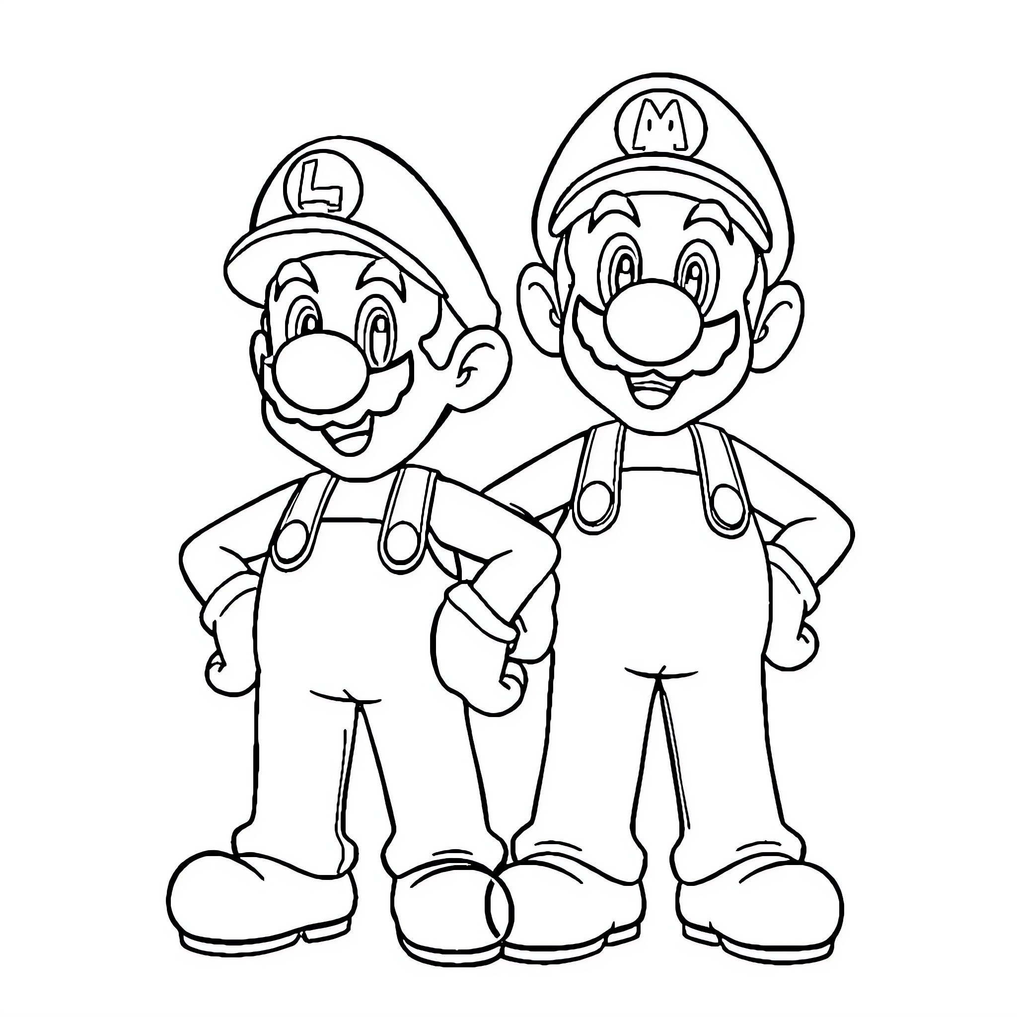 Mario and Luigi in Overalls Coloring Page (free black-and-white line drawing printable PDF for all, from beginners to advanced learners, including children, teens, adults, and seniors)
