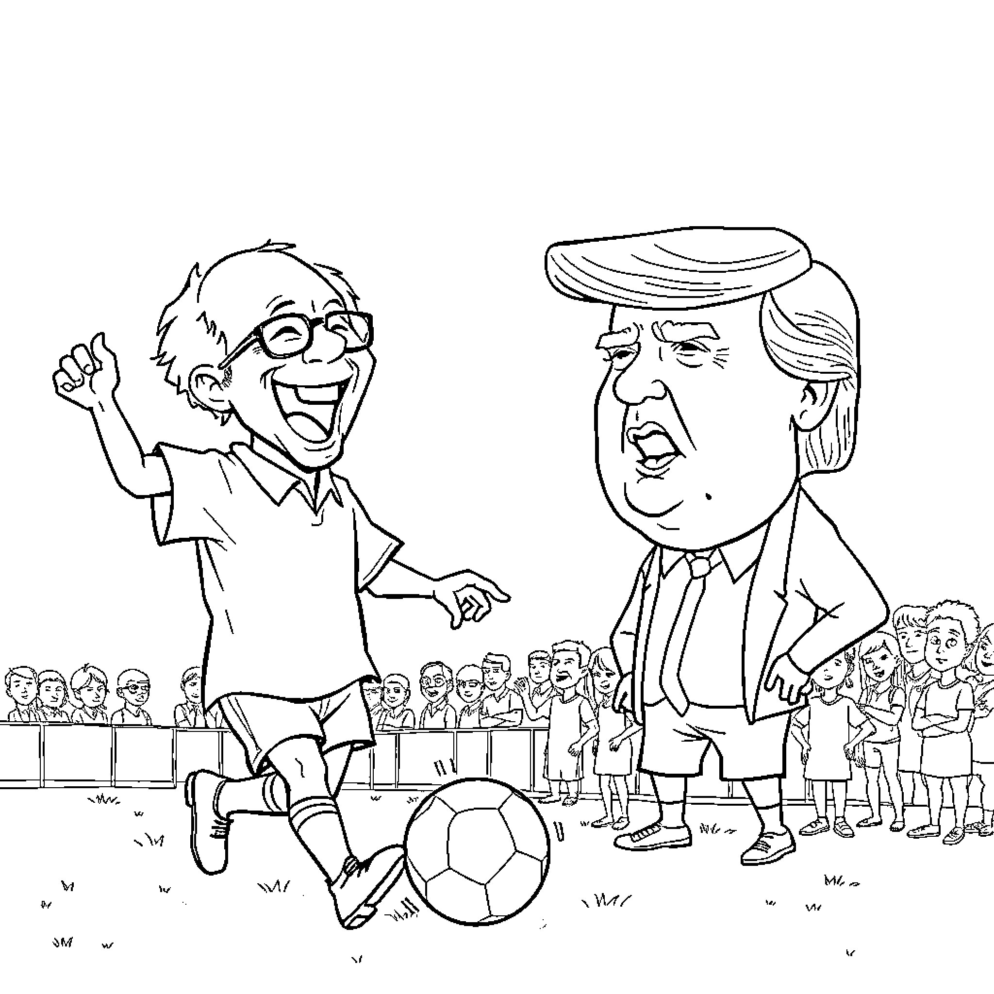 Bernie Sanders playing soccer with Donald Trump Coloring Page (free black-and-white line drawing printable PDF for all, from beginners to advanced learners, including children, teens, adults, and seniors)