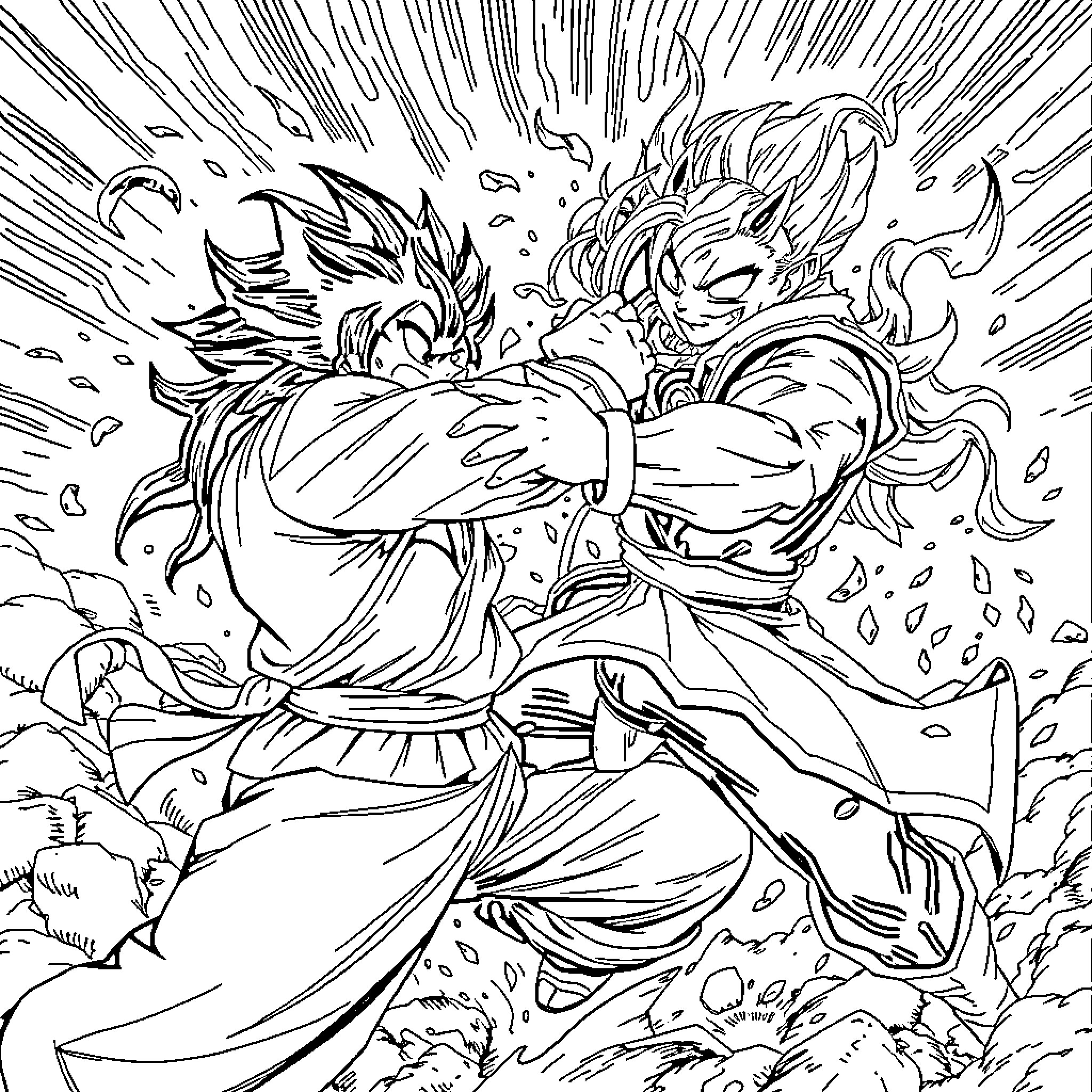 Tokito in an intense battle scene Coloring Page (free black-and-white line drawing printable PDF for all, from beginners to advanced learners, including children, teens, adults, and seniors)