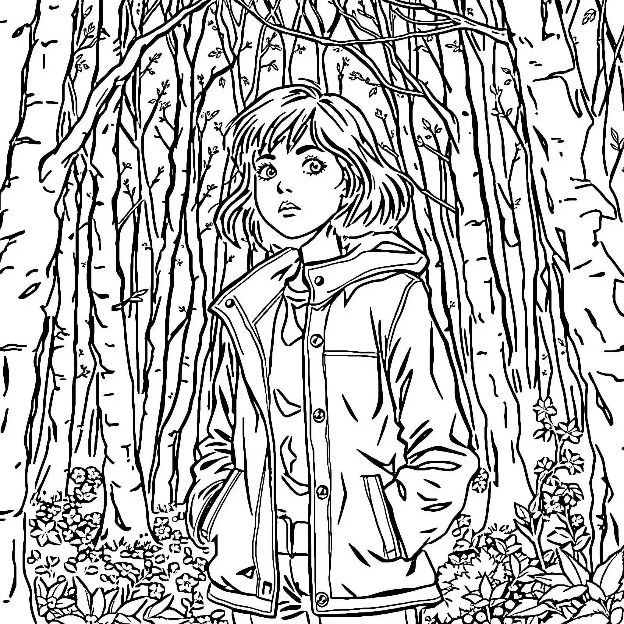 Lottie Matthews explores the enchanted forest Coloring Page (free black-and-white line drawing printable PDF for all, from beginners to advanced learners, including children, teens, adults, and seniors)