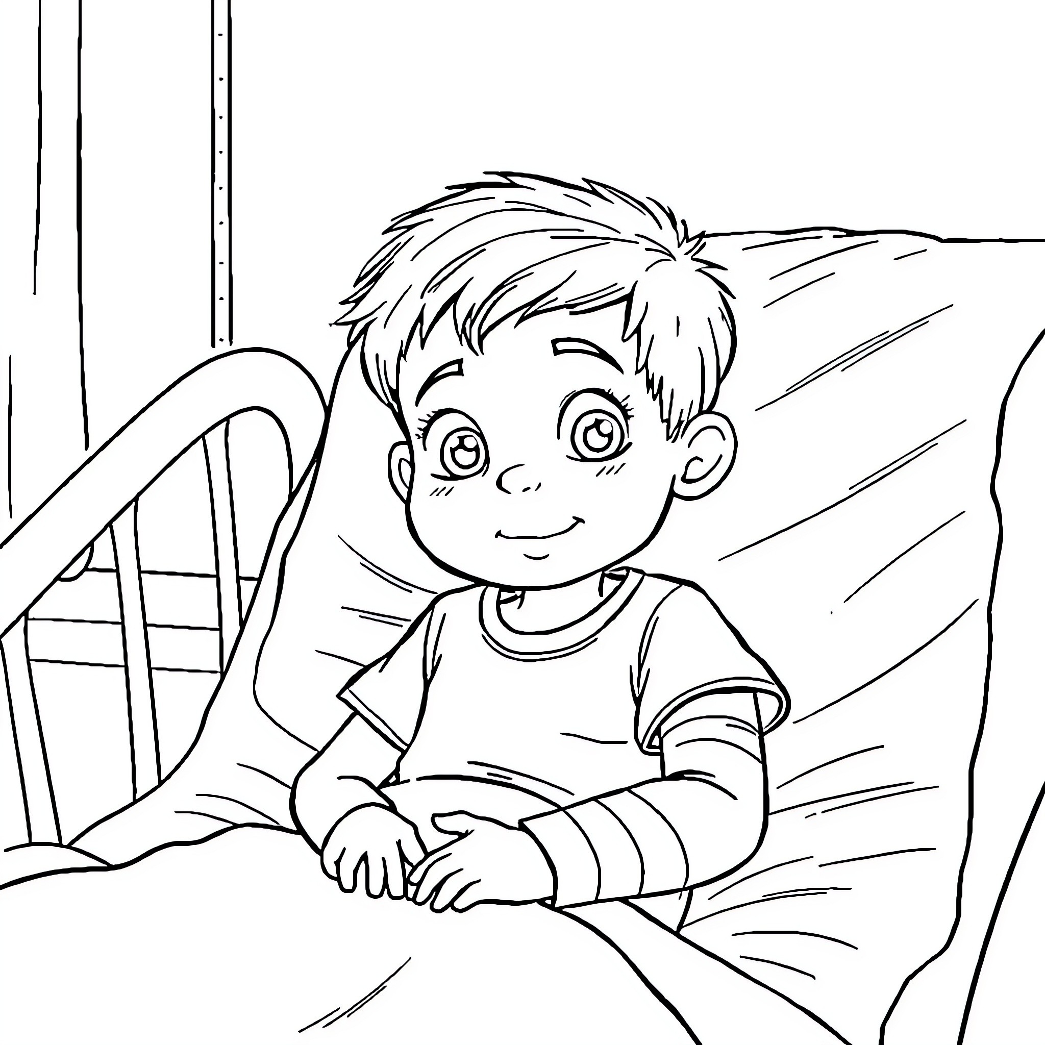 Kid resting comfortably in bed Coloring Page (free black-and-white line drawing printable PDF for all, from beginners to advanced learners, including children, teens, adults, and seniors)