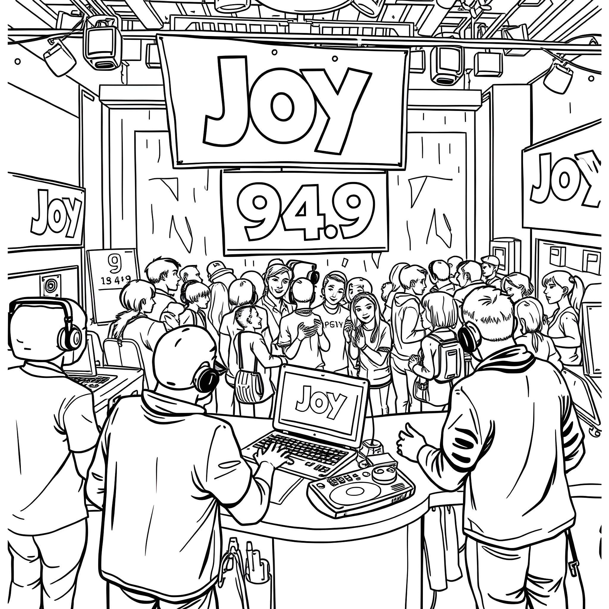 Radio Station Employees Gathering for a Broadcast Coloring Page (free black-and-white line drawing printable PDF for all, from beginners to advanced learners, including children, teens, adults, and seniors)