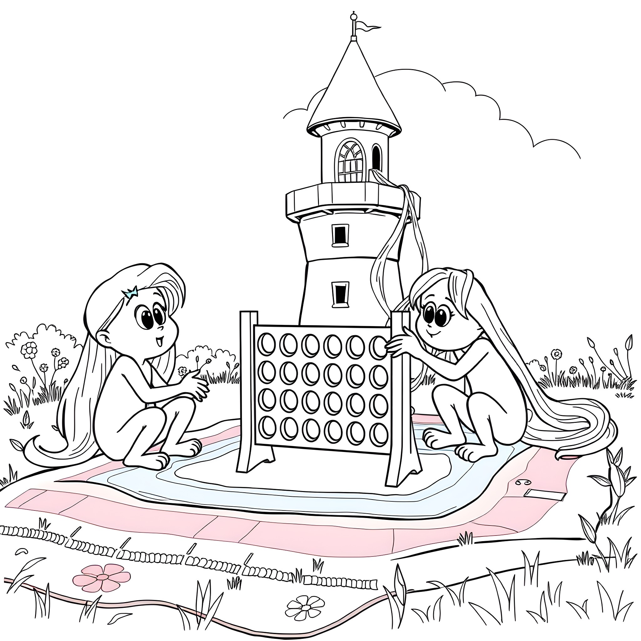 Bluey and friends playing near a castle-like structure Coloring Page (free black-and-white line drawing printable PDF for all, from beginners to advanced learners, including children, teens, adults, and seniors)