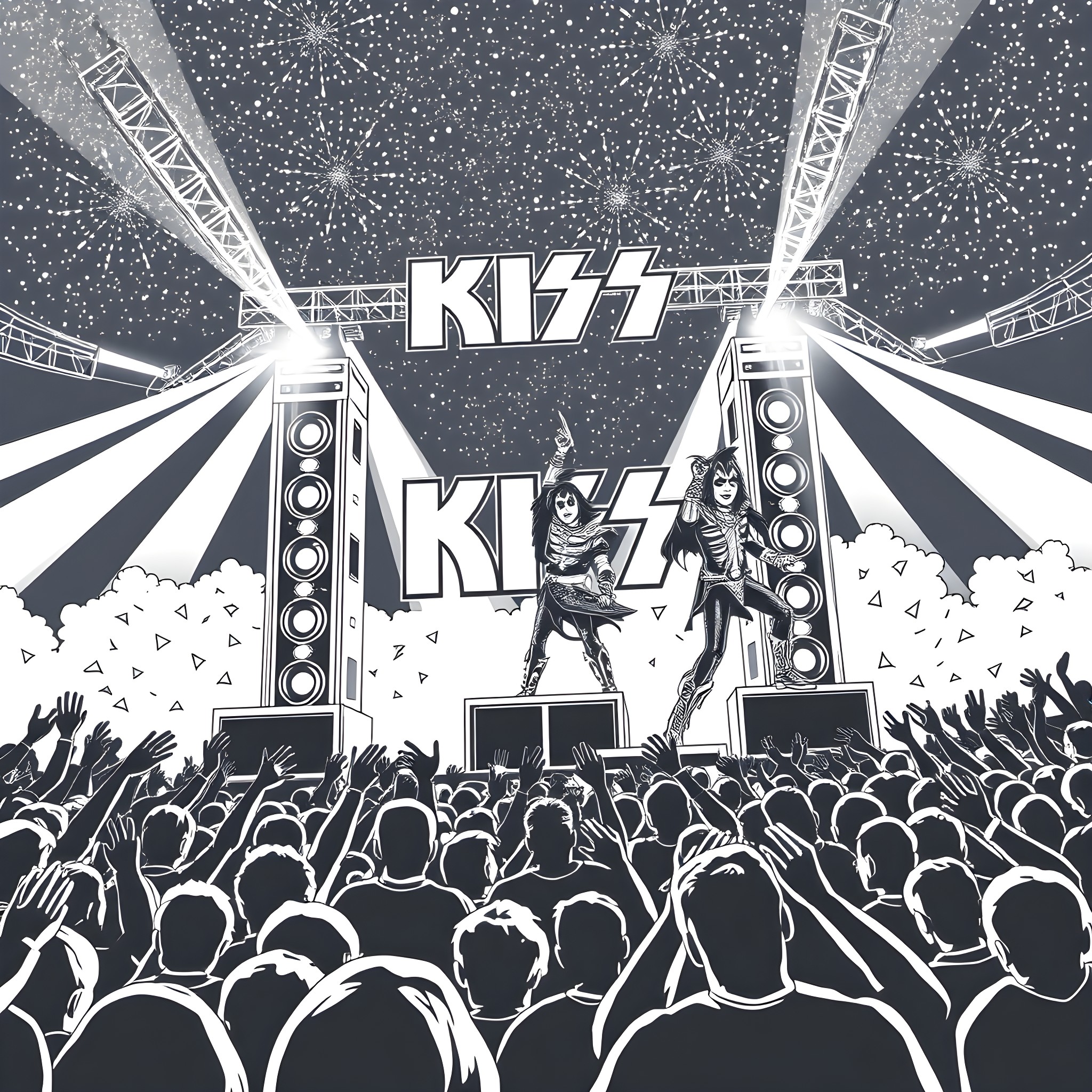 Kiss of the KISS rockers on stage Coloring Page (free black-and-white line drawing printable PDF for all, from beginners to advanced learners, including children, teens, adults, and seniors)