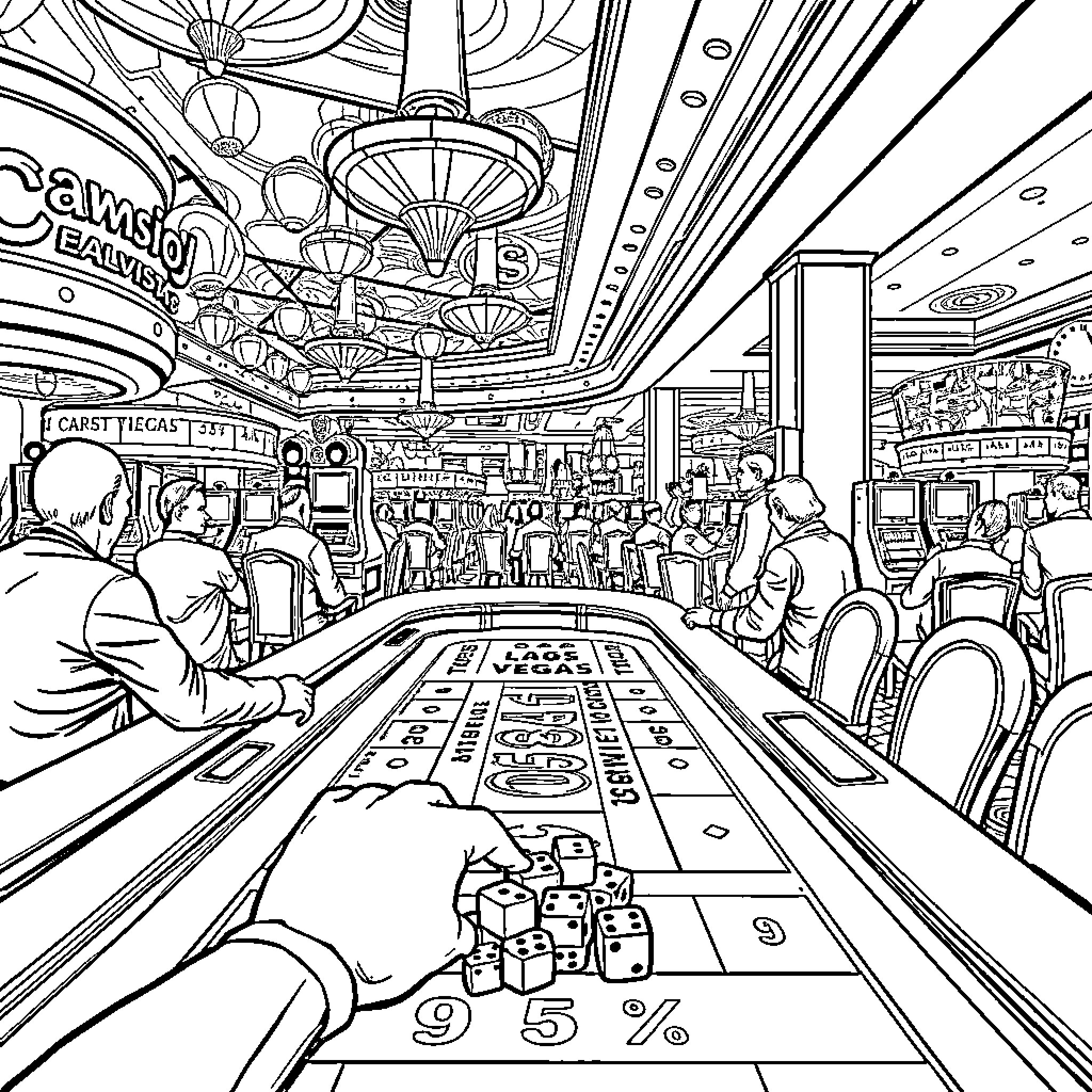 Craps Game in a Lively Casino Coloring Page (free black-and-white line drawing printable PDF for all, from beginners to advanced learners, including children, teens, adults, and seniors)