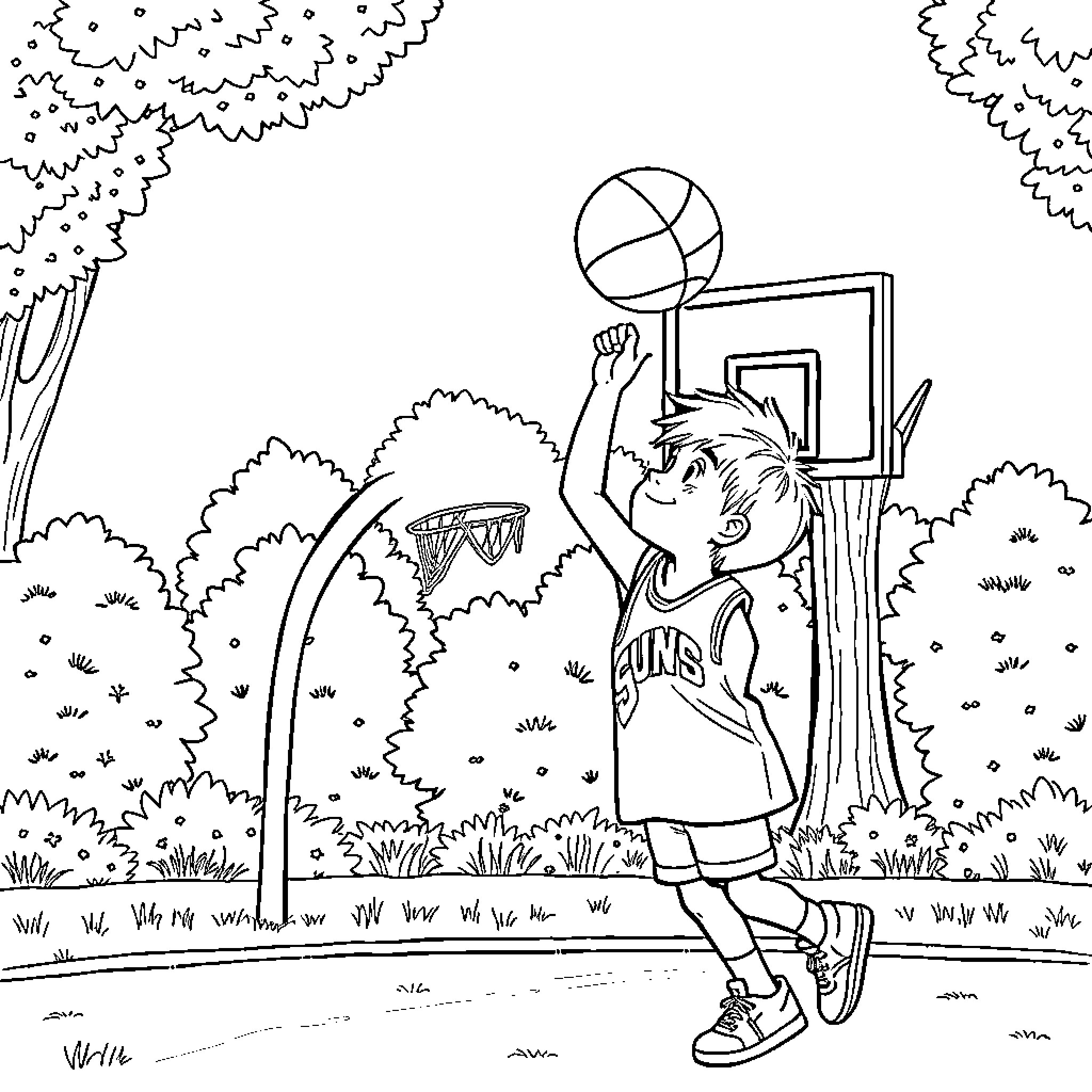 Son playing basketball joyfully in the park Coloring Page (free black-and-white line drawing printable PDF for all, from beginners to advanced learners, including children, teens, adults, and seniors)
