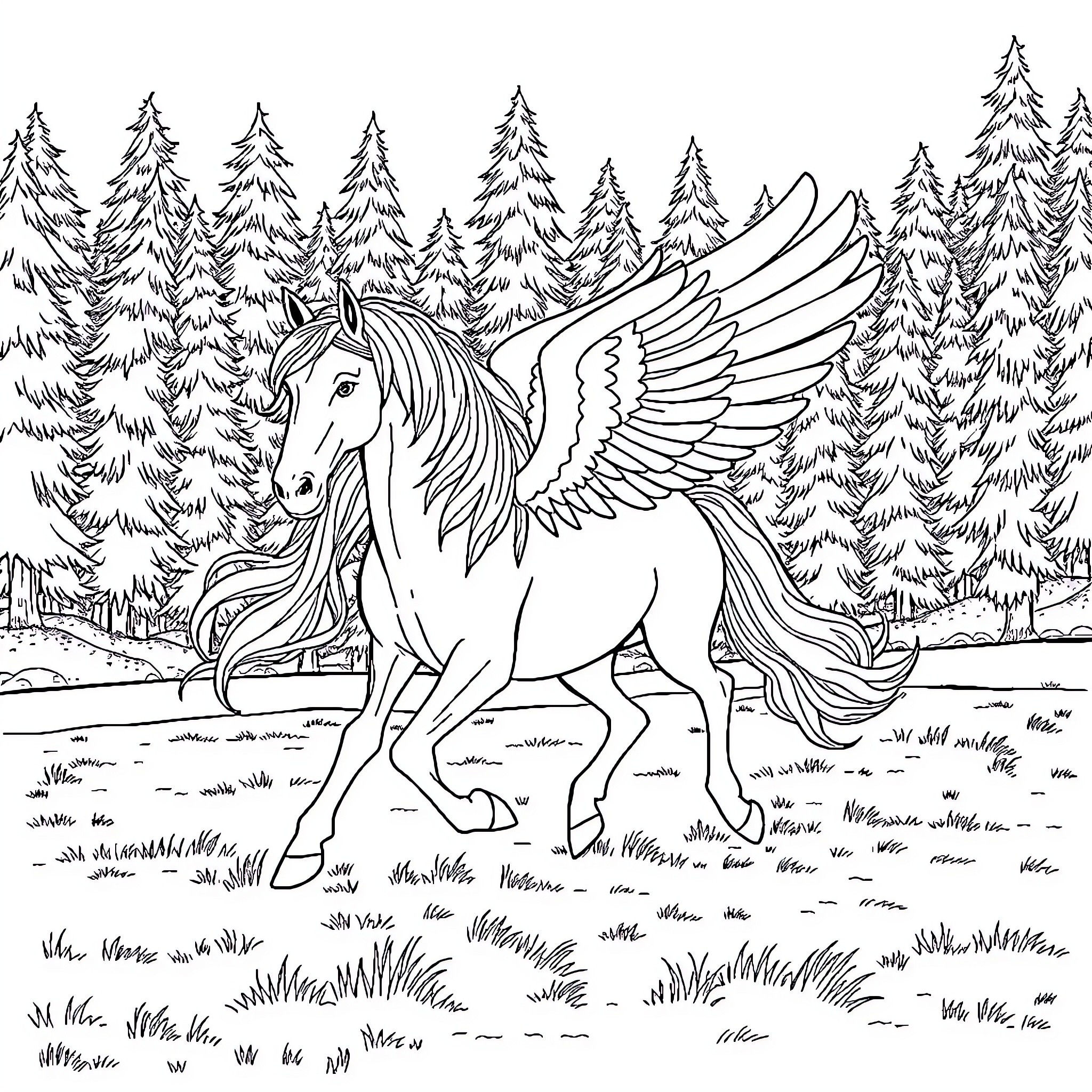 Shire Horse with Majestic Wings in Enchanted Forest Coloring Page (free black-and-white line drawing printable PDF for all, from beginners to advanced learners, including children, teens, adults, and seniors)
