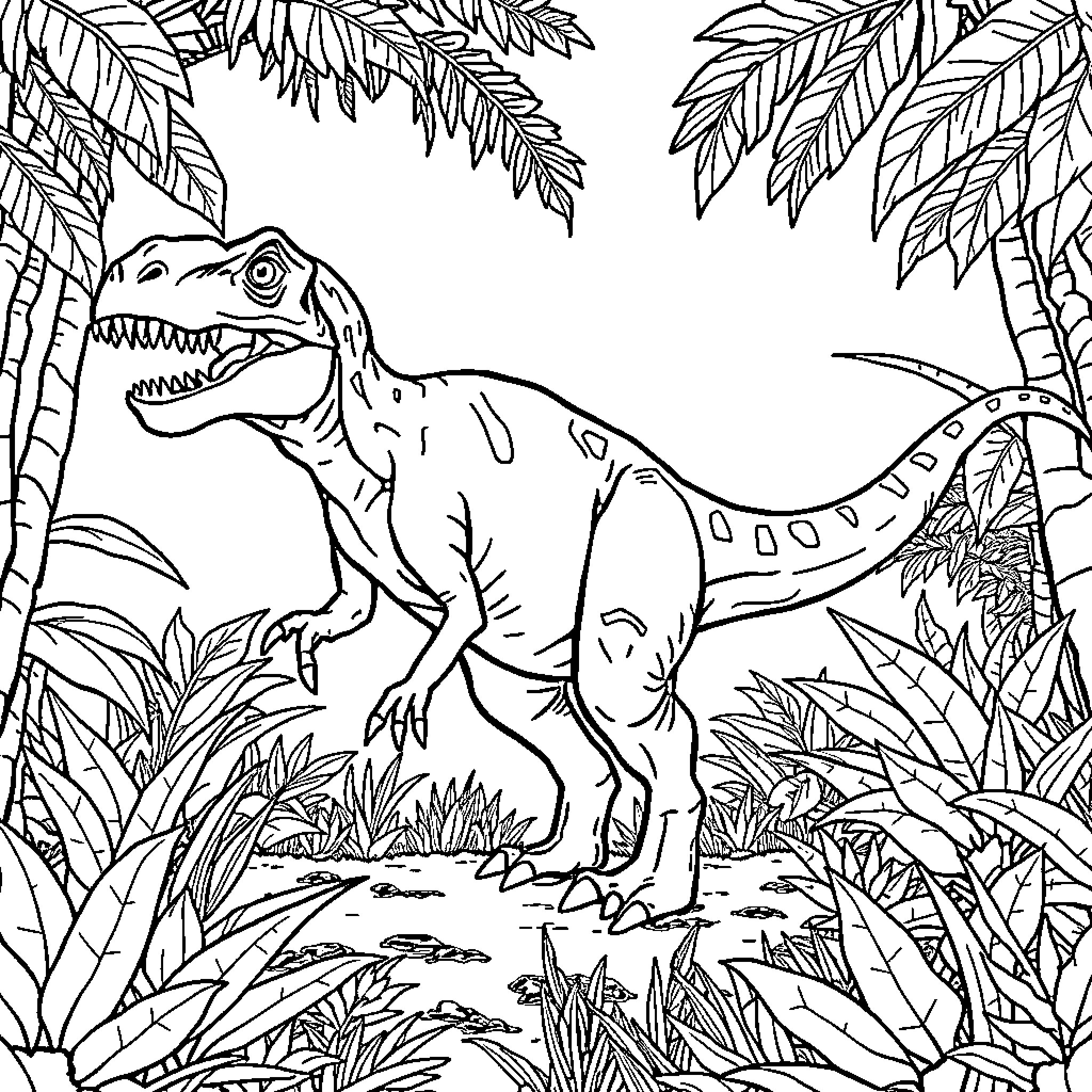 T-Rex roaring fiercely in the jungle Coloring Page (free black-and-white line drawing printable PDF for all, from beginners to advanced learners, including children, teens, adults, and seniors)