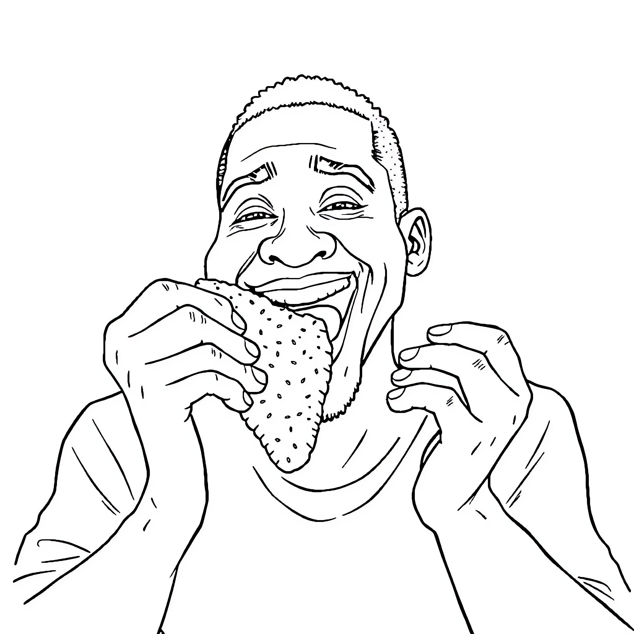 Man Joyfully Eating a Sandwich Coloring Page (free black-and-white line drawing printable PDF for all, from beginners to advanced learners, including children, teens, adults, and seniors)
