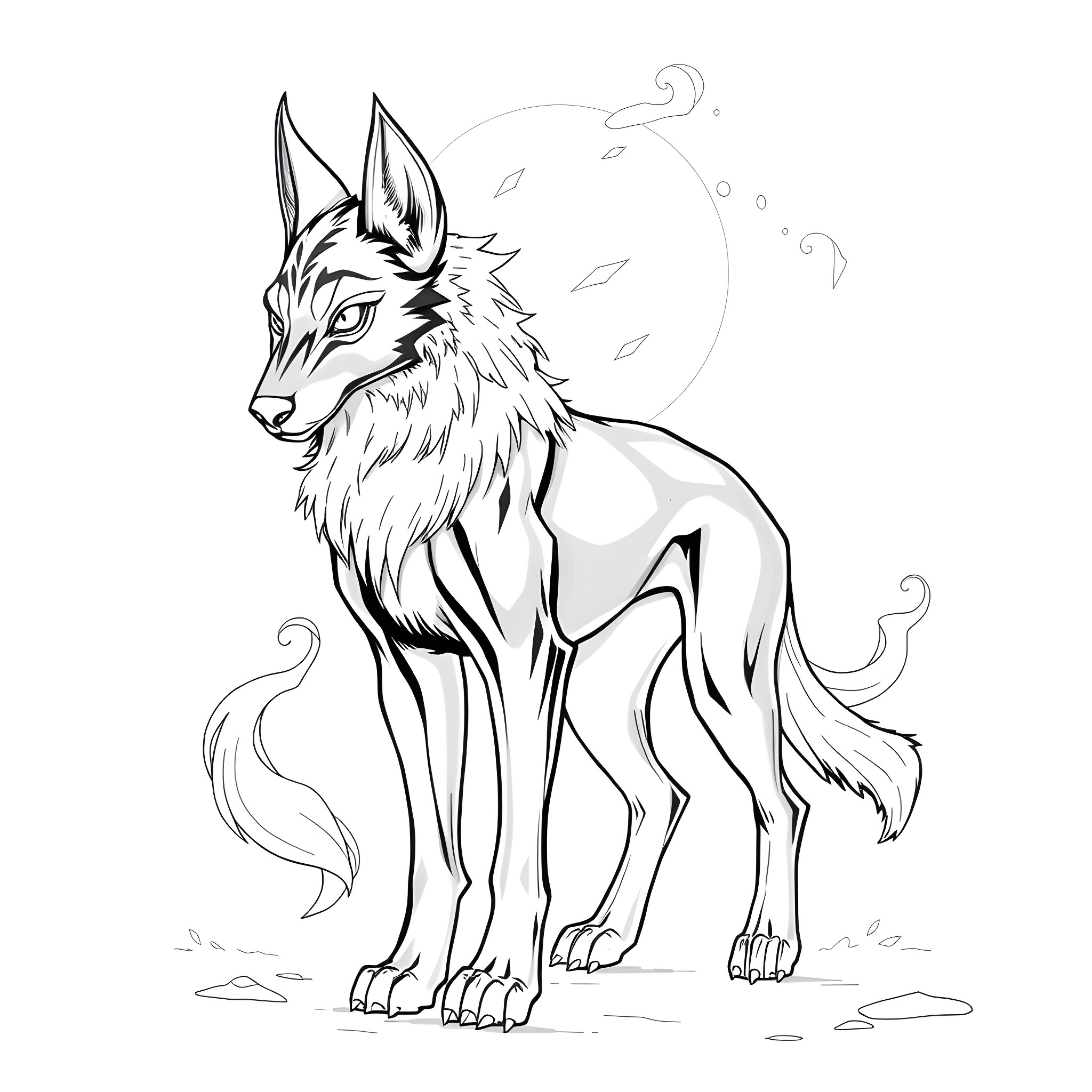 Loona, the majestic wolf in the mist Coloring Page (free black-and-white line drawing printable PDF for all, from beginners to advanced learners, including children, teens, adults, and seniors)