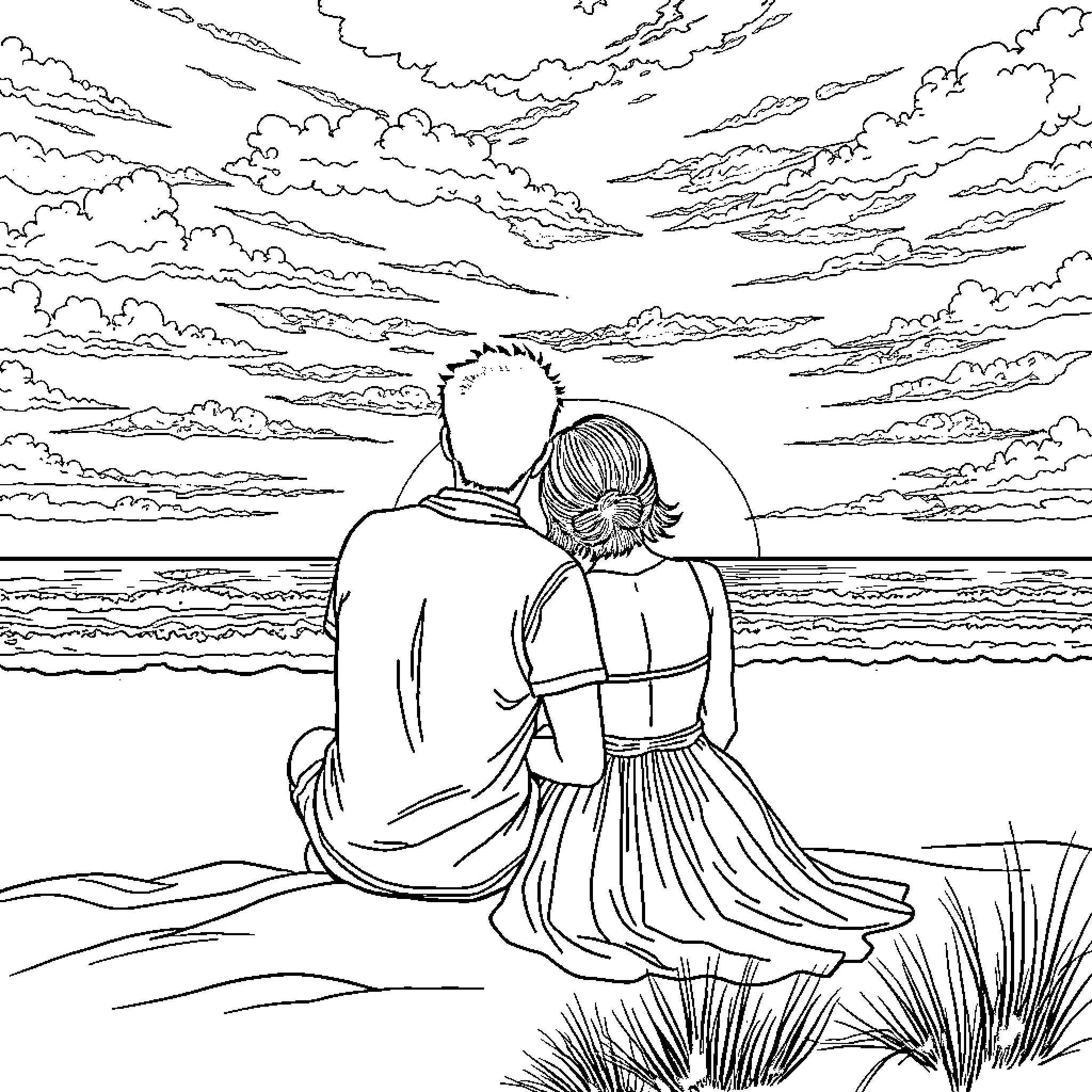 Couple embracing at sunset by the ocean Coloring Page (free black-and-white line drawing printable PDF for all, from beginners to advanced learners, including children, teens, adults, and seniors)