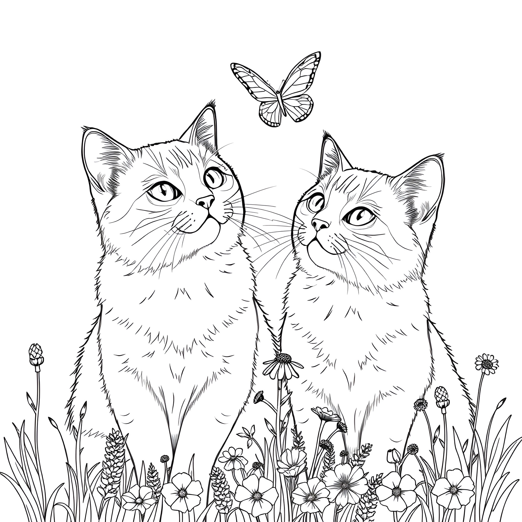 Birman Cats Observing Butterfly in Garden Coloring Page (free black-and-white line drawing printable PDF for all, from beginners to advanced learners, including children, teens, adults, and seniors)