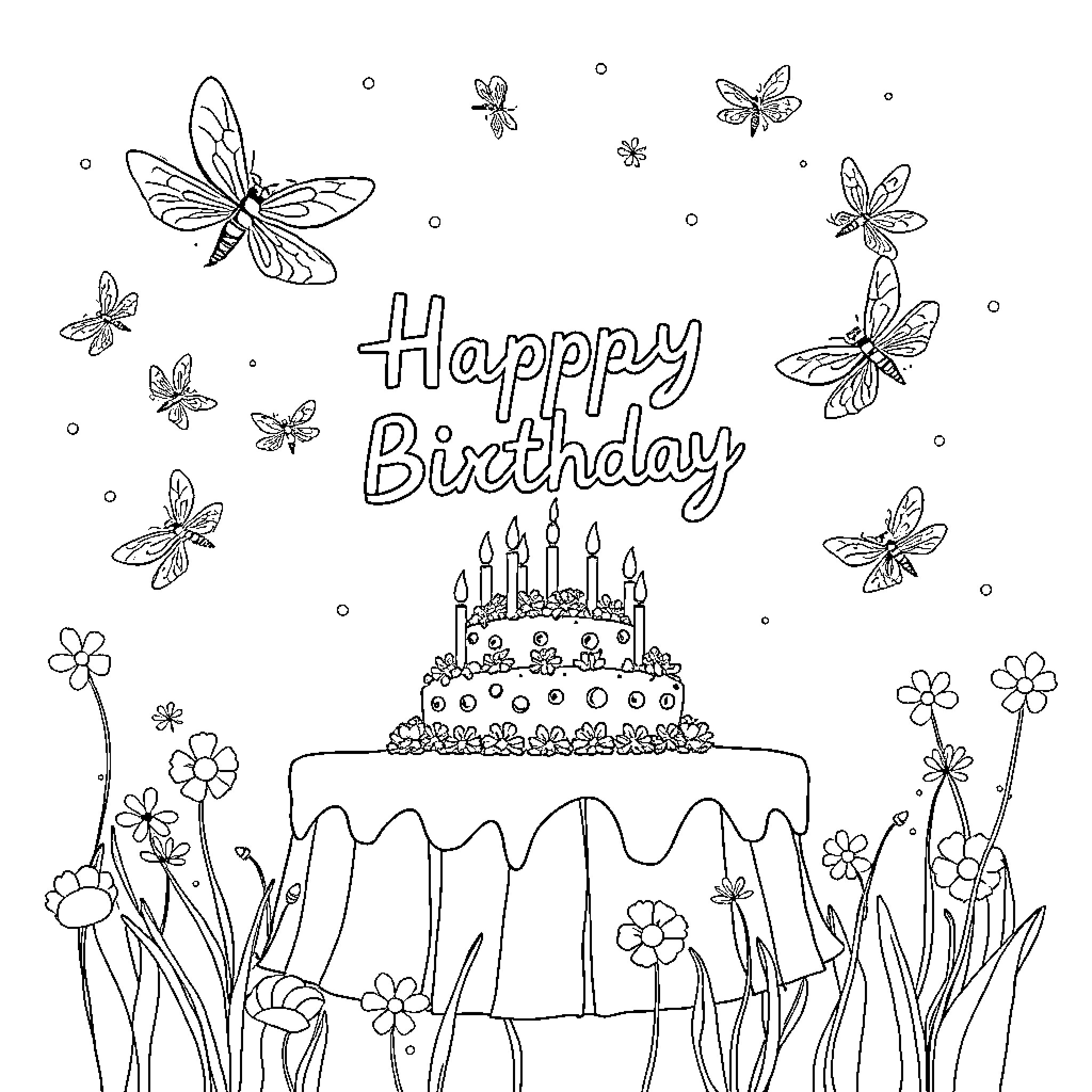 Dragonfly birthday celebration with flowers and butterflies Coloring Page (free black-and-white line drawing printable PDF for all, from beginners to advanced learners, including children, teens, adults, and seniors)