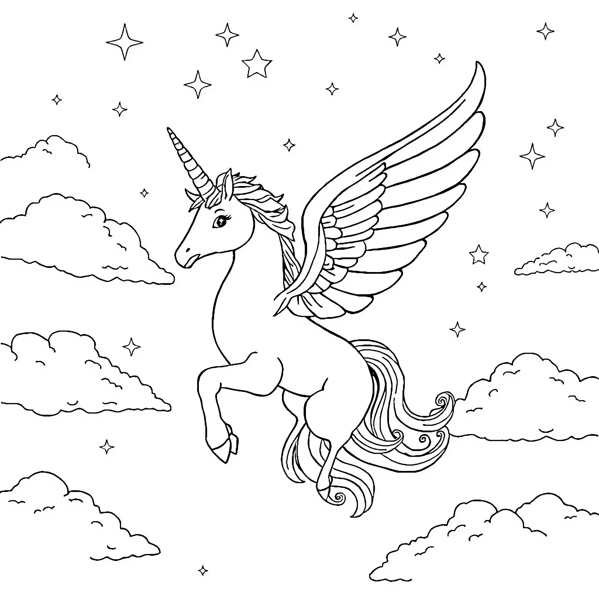 Unicorn soaring among the stars in the night sky Coloring Page (free black-and-white line drawing printable PDF for all, from beginners to advanced learners, including children, teens, adults, and seniors)