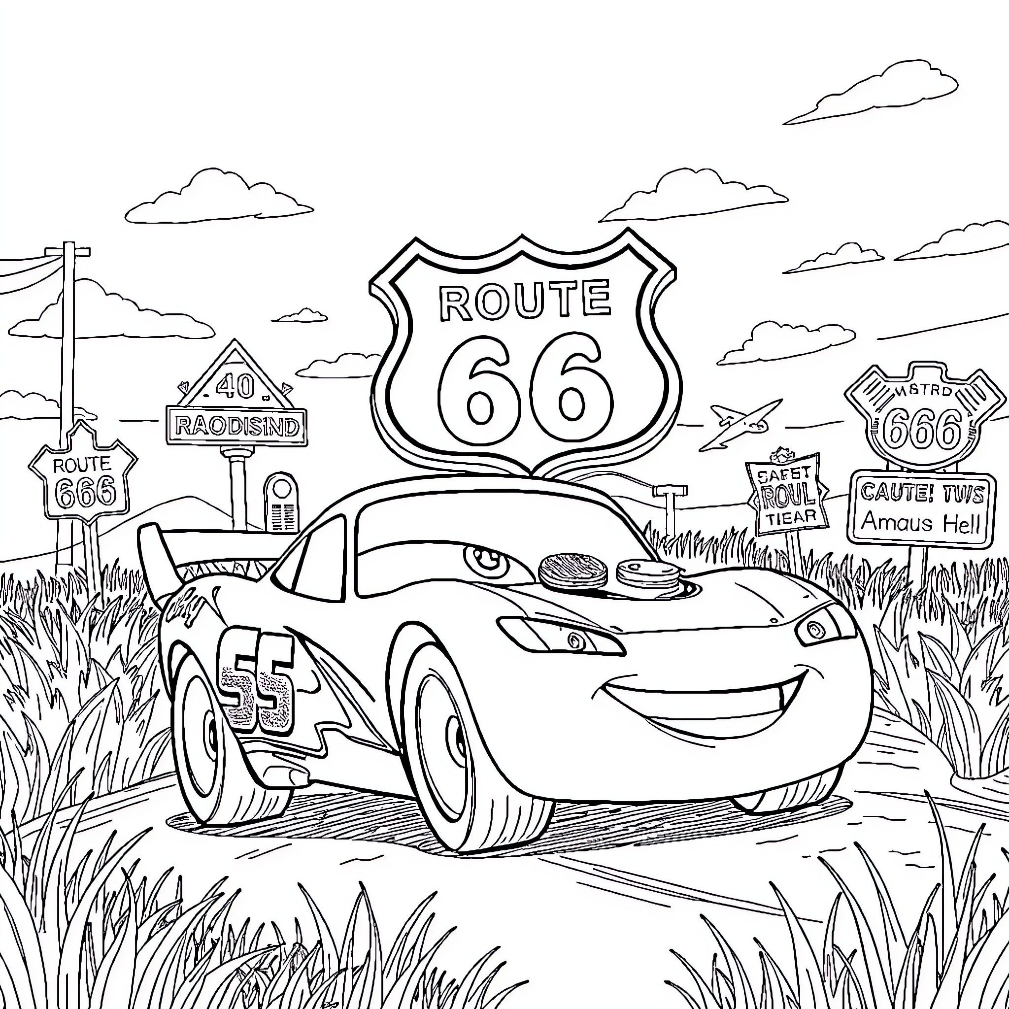 Flash McQueen on the Route 66 adventure Coloring Page (free black-and-white line drawing printable PDF for all, from beginners to advanced learners, including children, teens, adults, and seniors)