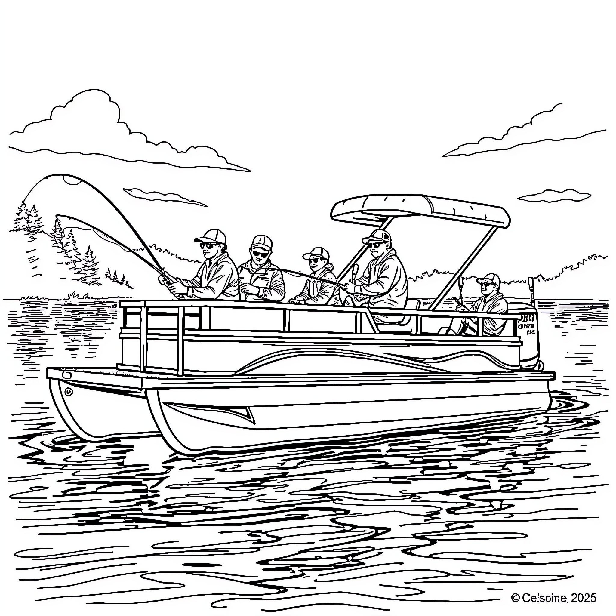 Pontoon Boat with Anglers Enjoying a Fishing Trip Coloring Page (free black-and-white line drawing printable PDF for all, from beginners to advanced learners, including children, teens, adults, and seniors)