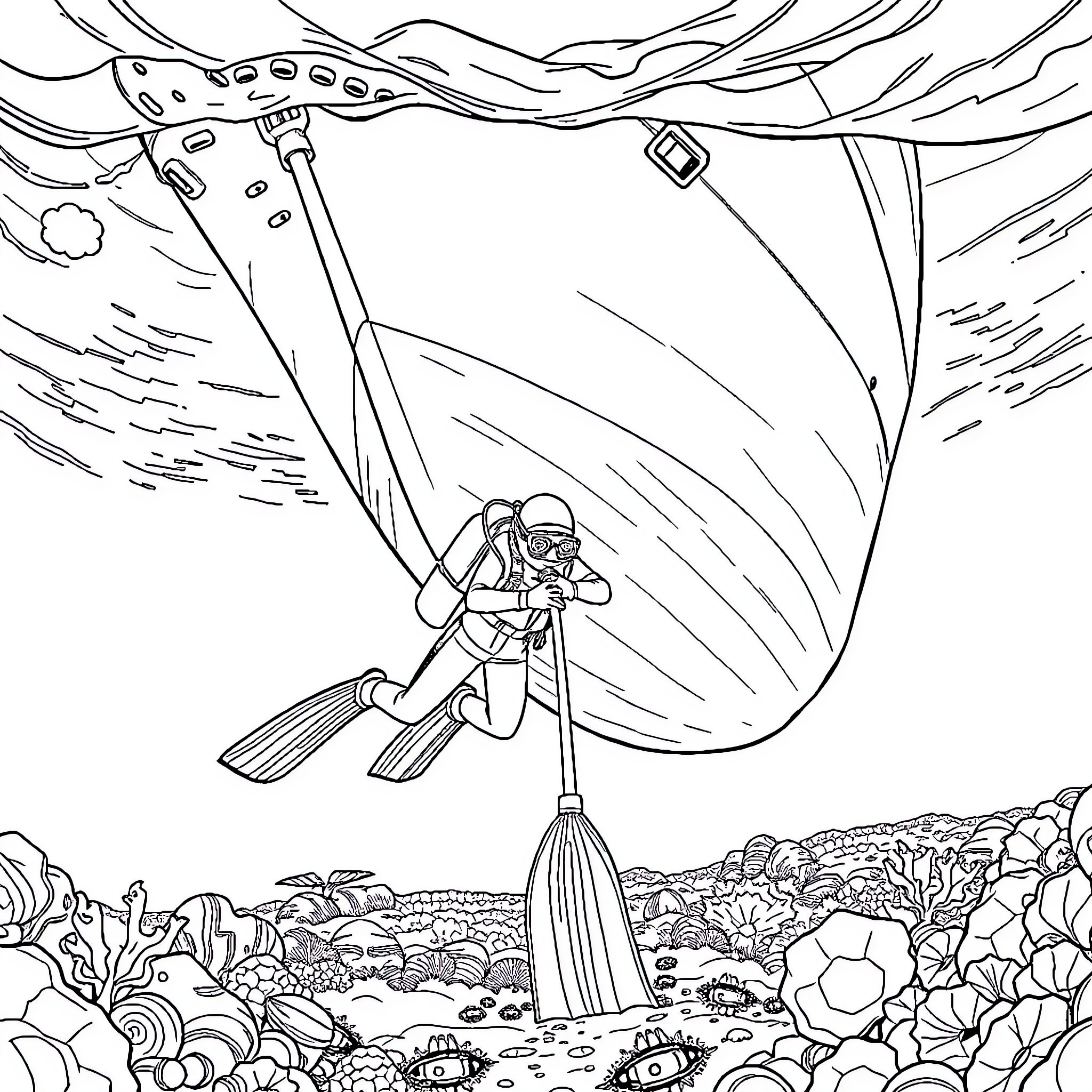 Scuba Diver Exploring Underwater Coral Reef Landscape Coloring Page (free black-and-white line drawing printable PDF for all, from beginners to advanced learners, including children, teens, adults, and seniors)